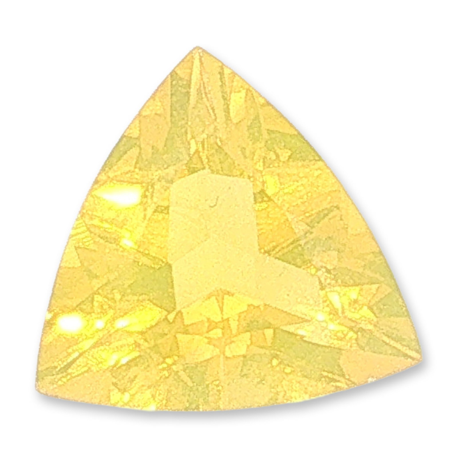 Loose Brazilian Yellow Fire Opal Trillion Cut Gemstone: A loose faceted gemstone appearing to be a yellow fire opal of Brazilian origin. Showcasing a vibrant yellow hue, this stone features a distinctive trillion cut. The triangular shape and faceted