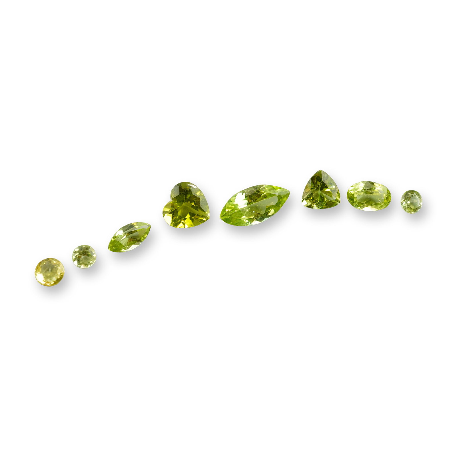 8pc Heart, Trillion and Marquise Cut Peridot Gemstones: Beautiful grouping of 8 Peridot stones. A green peridot is a vibrant, August birthstone renowned for its unique single-color profile-ranging from bright lime to deep olive green.Tested with Presidium