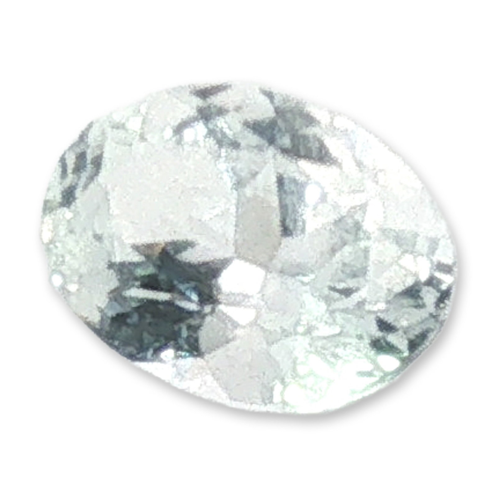 Oval Cut Loose White Sapphire Gemstone: A single loose gemstone, appearing to be a white sapphire, featuring an oval faceted mixed cut. The stone exhibits a very pale, icy blue hue with high transparency and a classic faceting pattern.