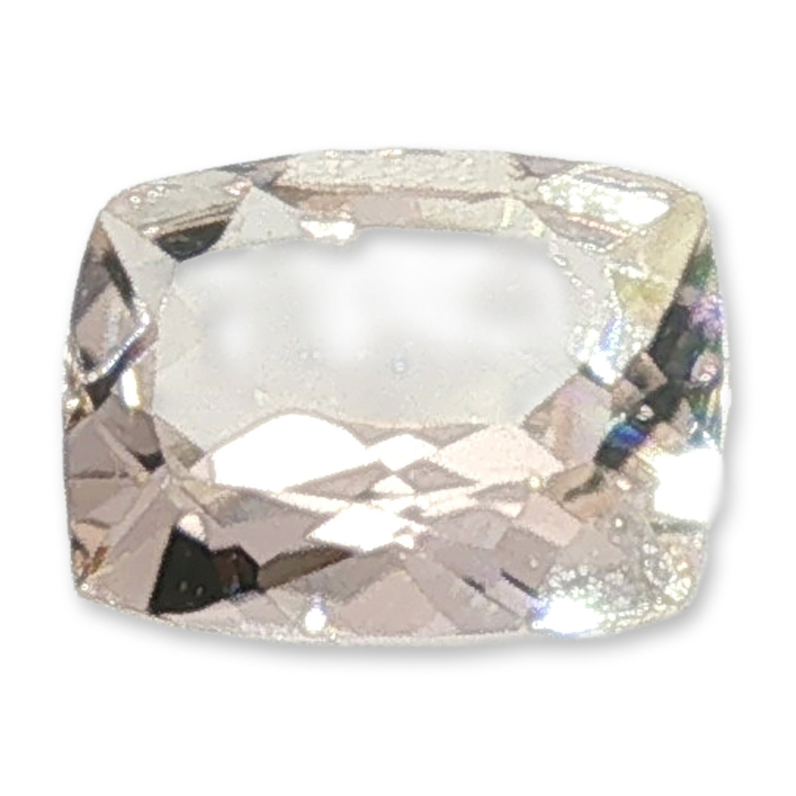 Cushion Cut Pale Pink Loose Gemstone: Loose gemstone featuring a rectangular modified cushion cut with softly rounded corners. The stone showcases a delicate pale pink hue with natural pastel tones and uniform color saturation. Face-up ap