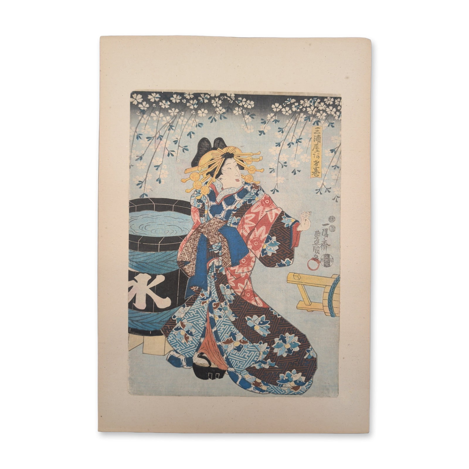 Utagawa Kunisada (Toyokuni III) (Japanese, 1786-1865) Woodcut on Paper from One Hundred Beauties of: A 19th-century Japanese color woodblock print designed by Utagawa Kunisada (Toyokuni III). The vertical composition centers on a stylized female figure gazing over her shoulder, her hair adorned with 
