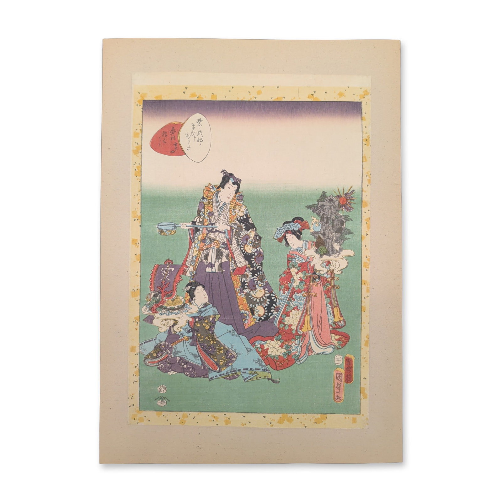 Utagawa Kunisada II (Japan 1823-1880) Woodcut on Paper from the Tale of Genji: This classic 19th-century Japanese woodblock print titled The Floating Bridge of Dreams, exhibits a traditional genre narrative design. The vertical composition frames three figures in an open landsca