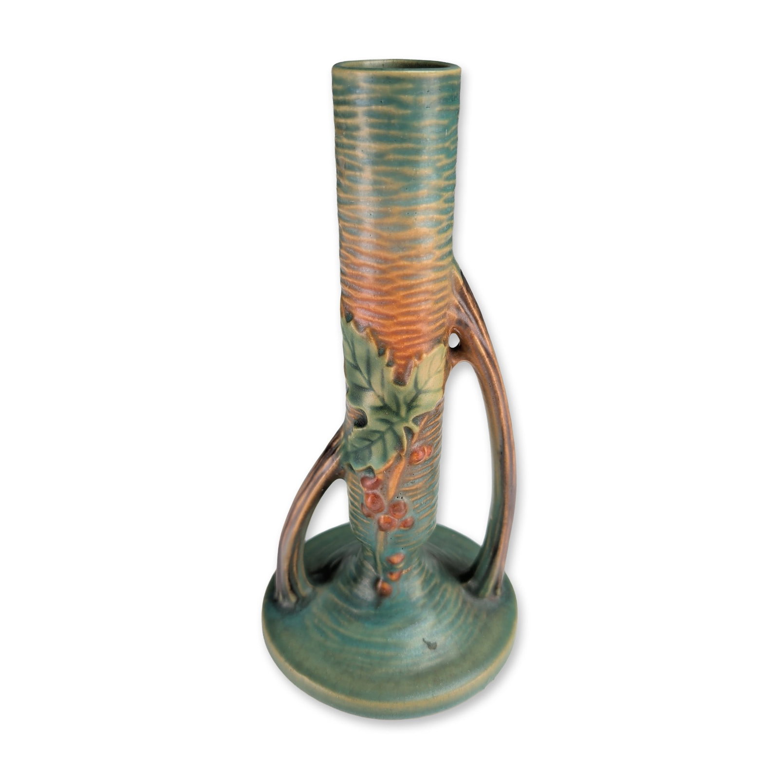 Roseville Bushberry Pattern Ceramic Bud Vase: Roseville Pottery Bushberry pattern bud vase in glazed earthenware, featuring a textured horizontal ribbed body decorated with embossed sprays of orange-red berries and green leaves. The cylindrical n