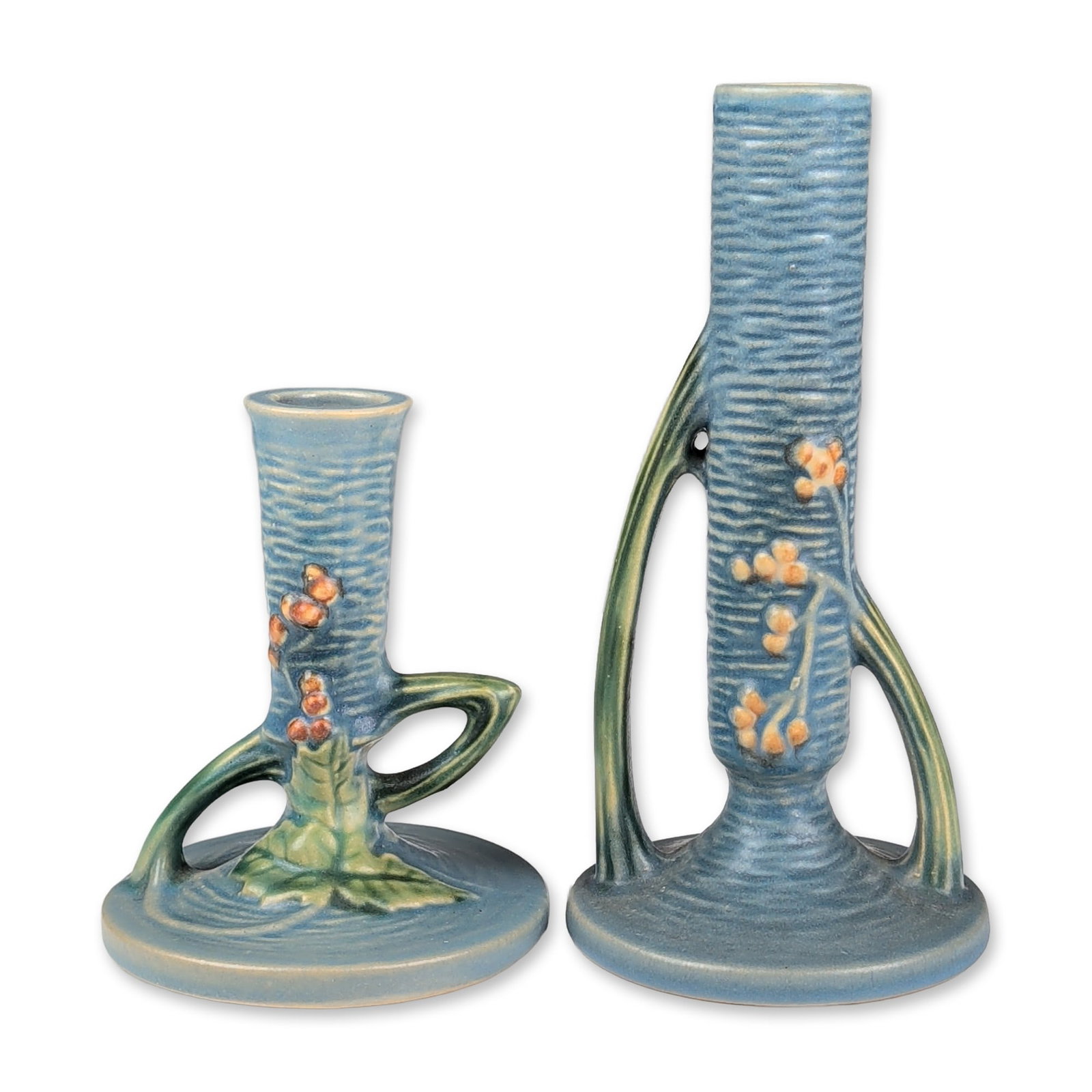 Two Roseville Pottery Bud Vase and Candleholder, Bushberry Blue (1 of 5)