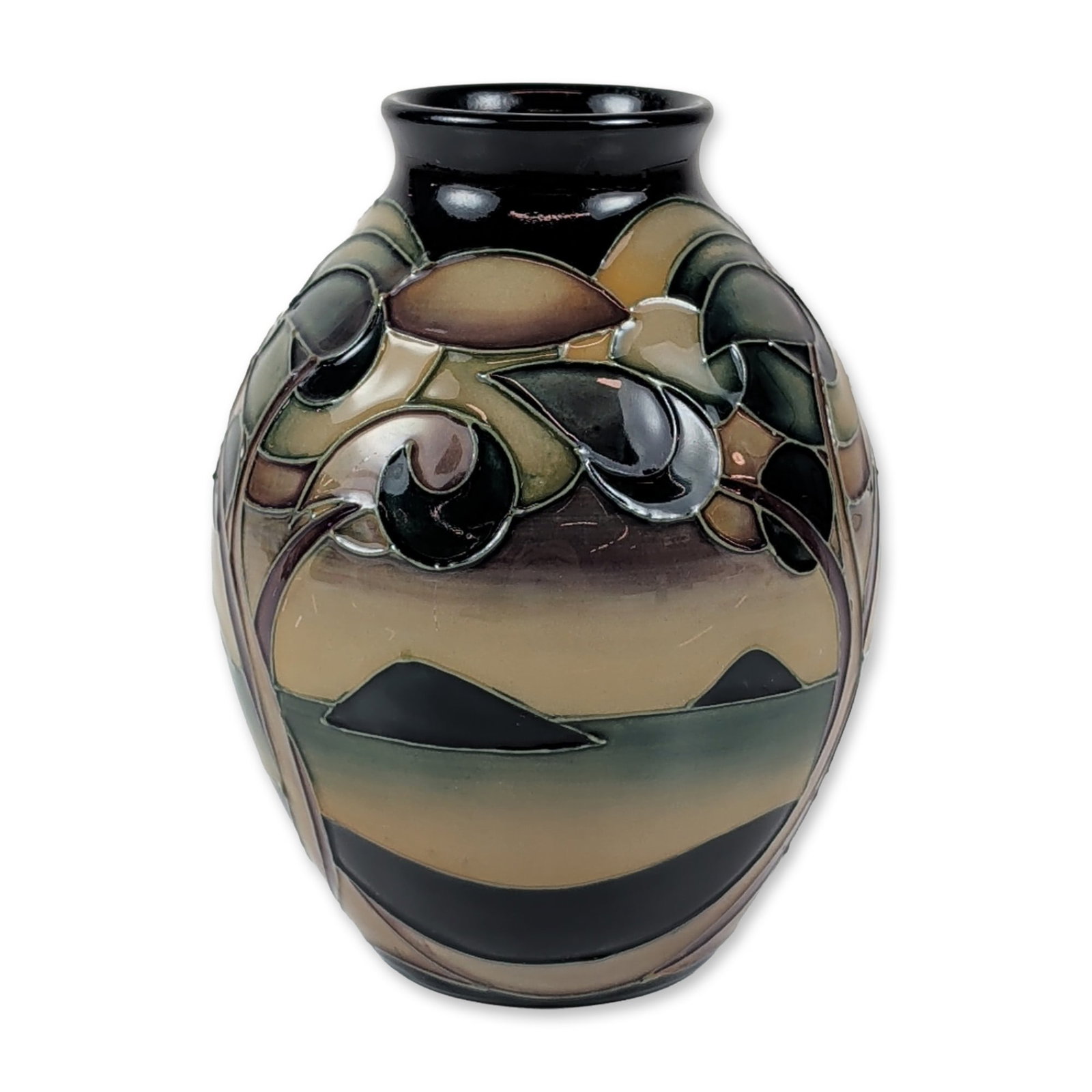 Moorcroft Western Isles Pottery Vase: Moorcroft pottery vase in the Western Isles pattern, designed by Sian Leeper, circa 2006. The ovoid earthenware form features tubelined stylized landscape and botanical motifs in a palette of olive gr