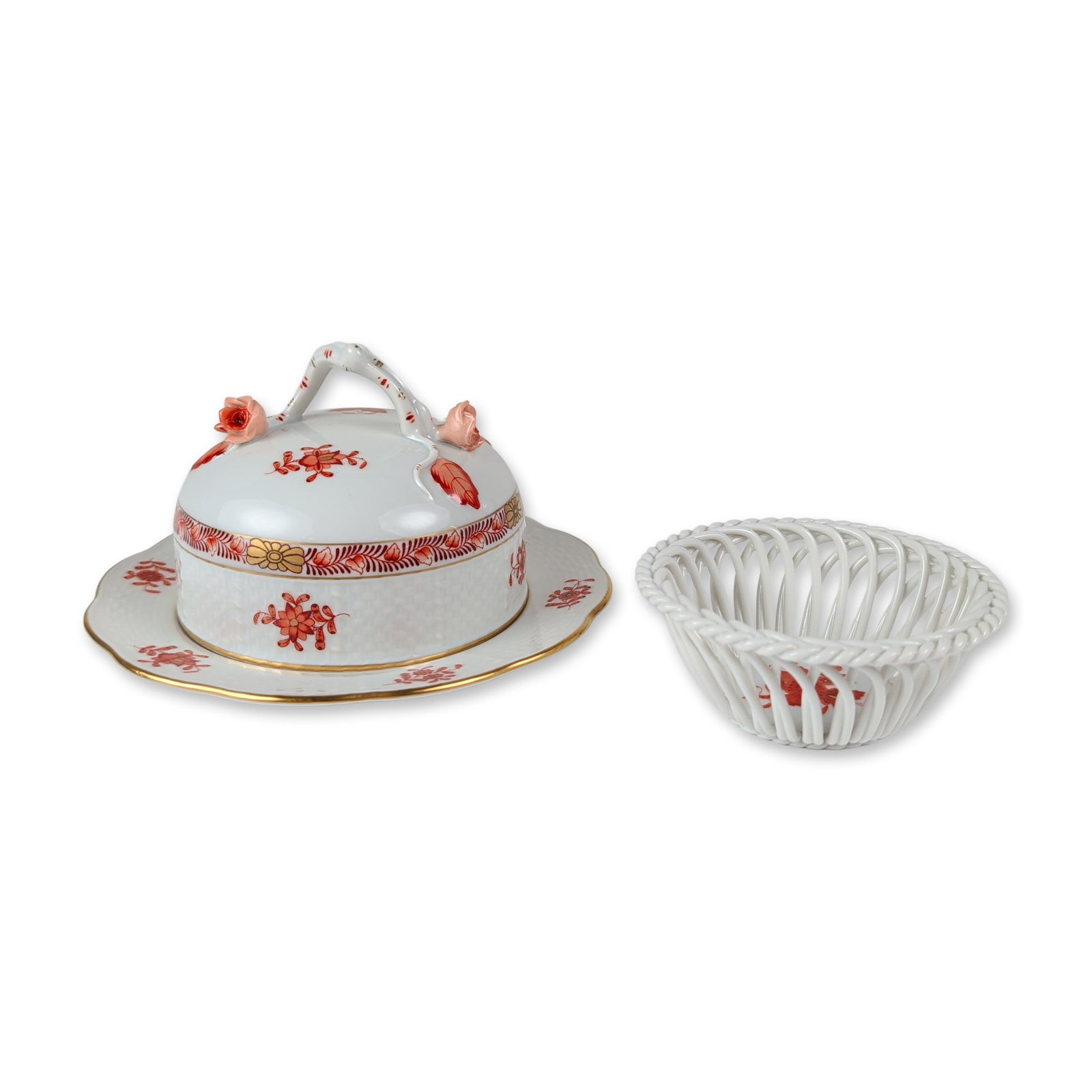 2pc Herend Chinese Bouquet Orange Porcelain Covered Dish and Basket (1 of 5)