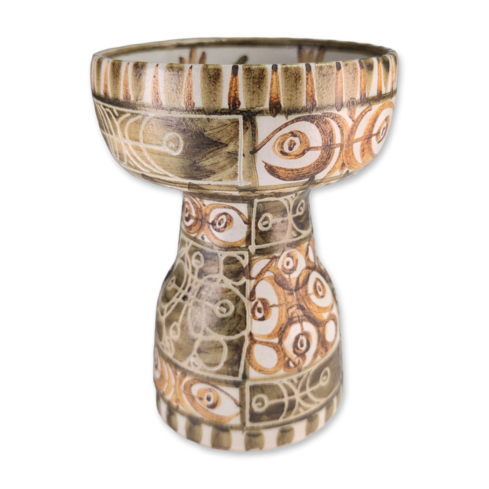 Andre Horellou (French 1943-2011) Hand-Painted Ceramic Spike Candlestick: Andre Horellou for Keraluc Pottery Workshop, Quimper, France. Hand-painted ceramic candlestick featuring an hourglass form. The vessel consists of a wide, shallow upper bowl with a central spike, tape