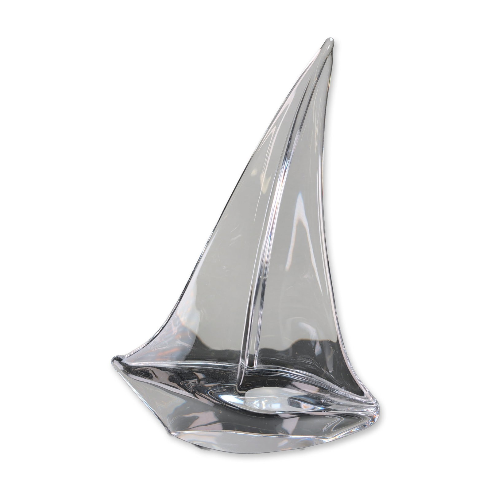 Daum France Modernist Crystal Sailboat Sculpture: French modernist Sailboat (Voilier) crystal sculpture by Daum. The piece features clear lead crystal stylized sails tapering to a fine point, integrated into a solid minimalist hull. An etched signatu