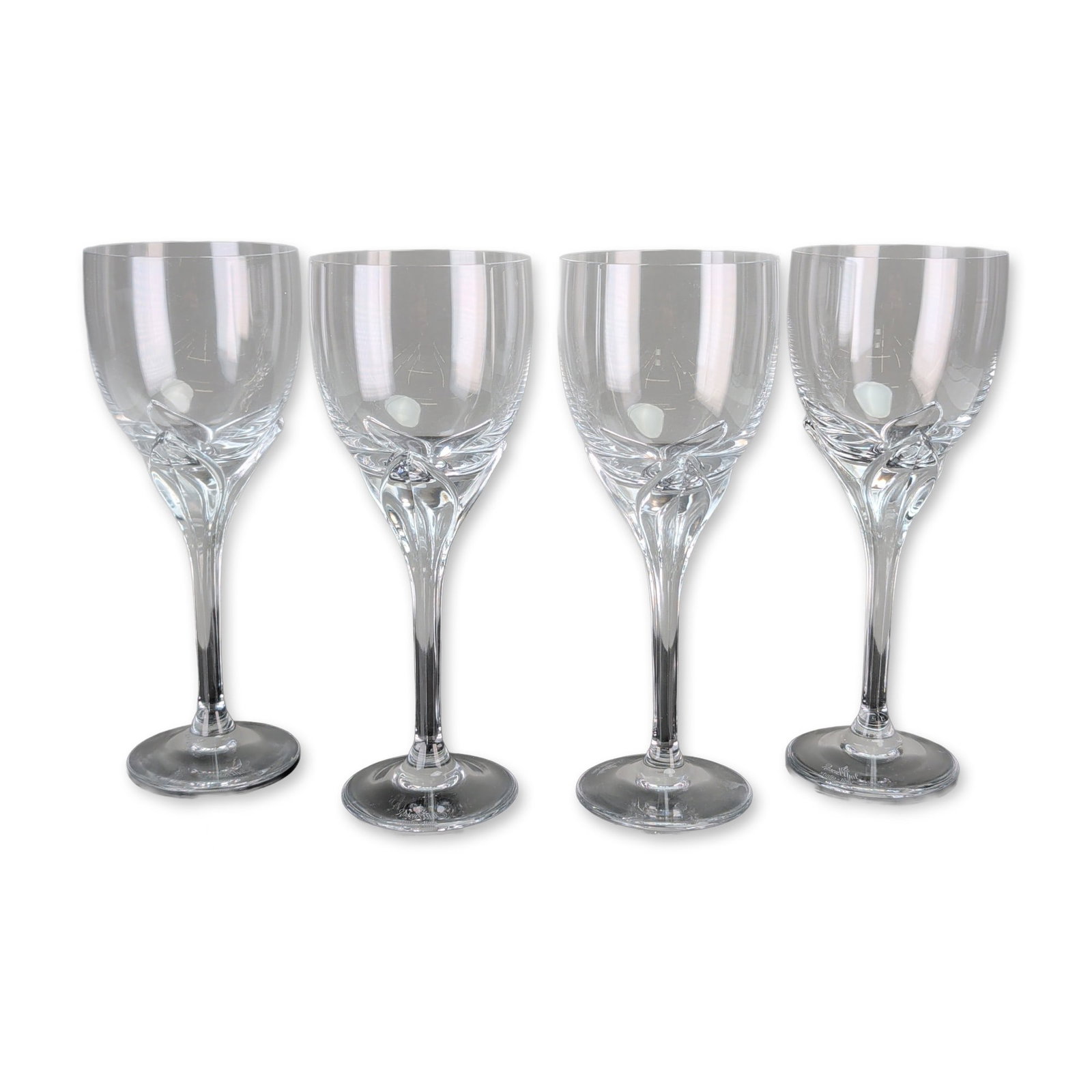 4pc Rosenthal Studio-Linie Iris Crystal Wine Glasses: Set of four German Rosenthal Studio-Linie crystal wine glasses in the Iris pattern, designed by Michael Boehm and Claus Josef Riedel. The goblets feature a sculptural pulled stem characterized by flui