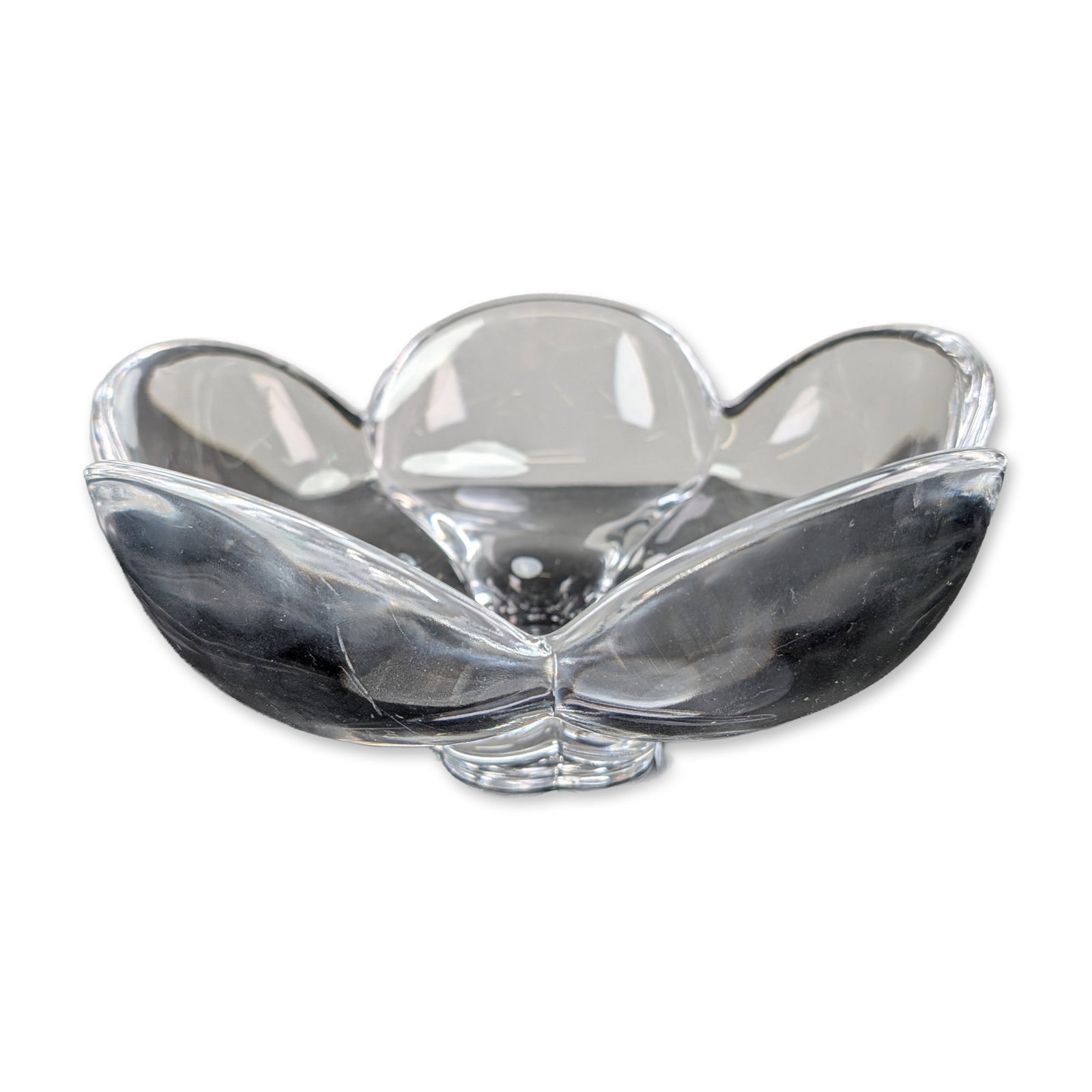 Orrefors Sweden Crystal Lotus Pomona Petal Bowl: Orrefors of Sweden crystal bowl in the Pomona pattern (Lotus) designed by Lars Hellsten. The piece features a stylized five-petal flower form in thick-walled clear lead crystal with a short integral c