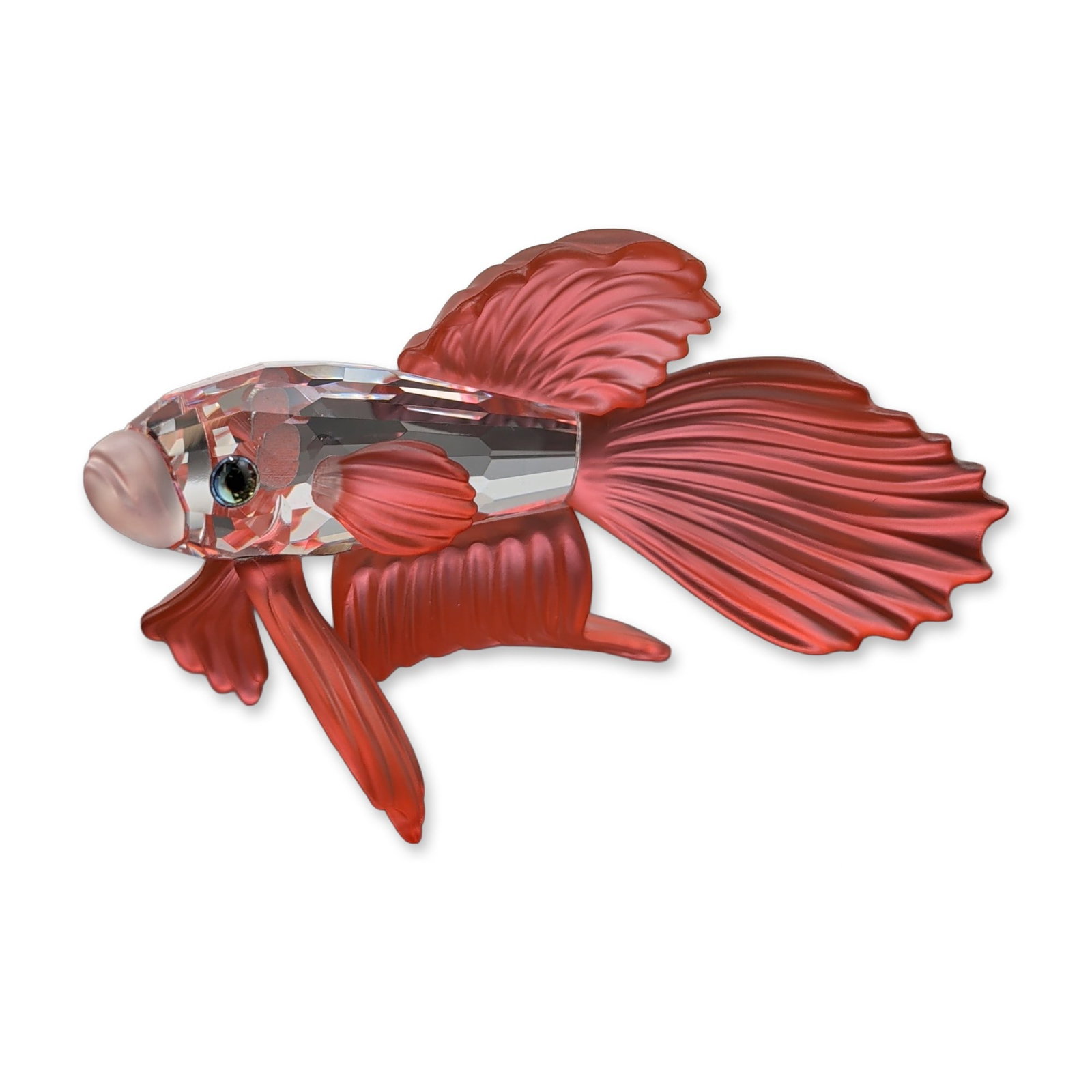 Swarovski Crystal Figurine, Red Siamese Fighting Fish: Swarovski Siamese fighting fish figurine in faceted clear crystal with matte-finished red crystal fins and tail. Features black crystal eye accents. The underside of the clear body is marked with the 
