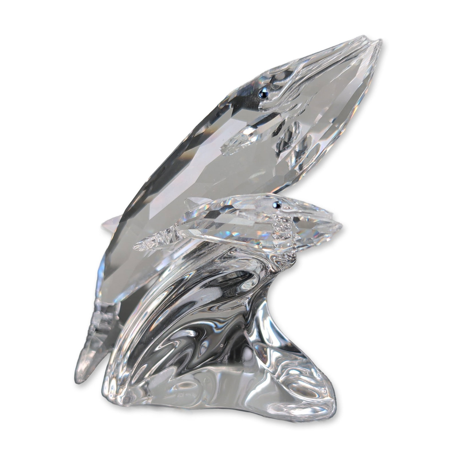 Swarovski 1992 SCS Care For Me - Whales Figurine: Swarovski 1992 Swarovski Crystal Society (SCS) Annual Edition Care For Me series figurine, titled Whales, in faceted clear lead crystal. It depicts a mother humpback whale and her calf in a breaching 