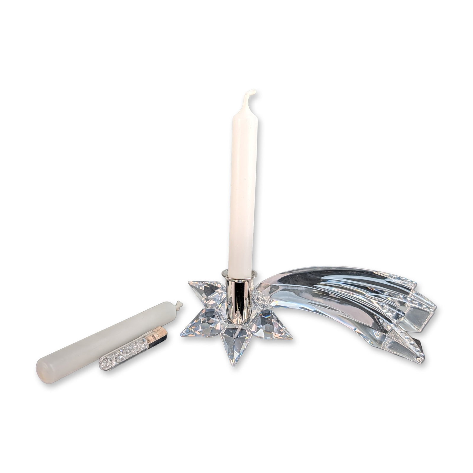 Swarovski Silver Crystal Comet Candle Holder with Vial of Crystal Chatons: Swarovski lead crystal candle holder from the Silver Crystal collection, designed in the form of a comet. The piece features a clear faceted crystal star head with a trailing, curved tail. A removable