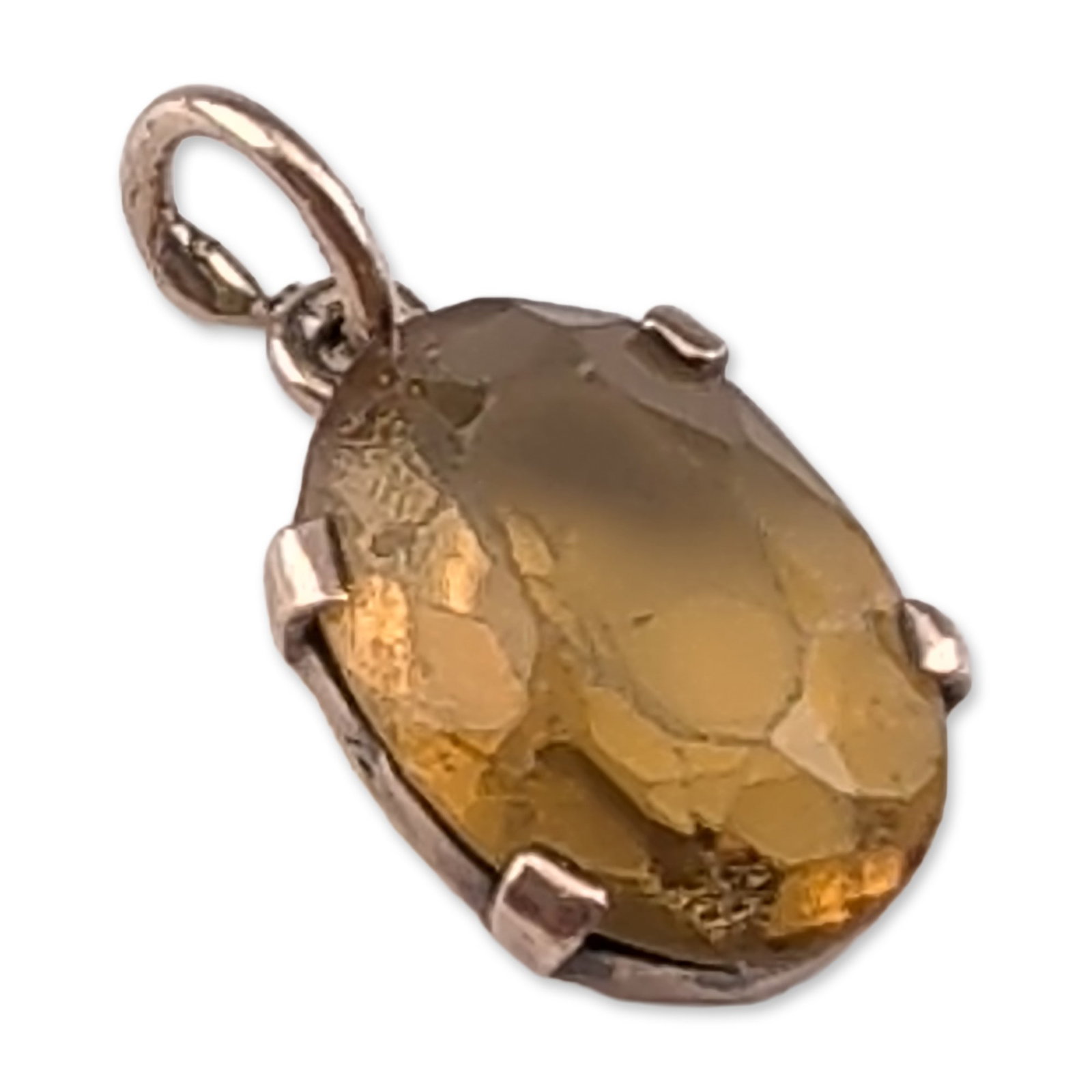 8K Gold and Oval Honey-Yellow Stone Pendant Charm: A faceted honey-yellow gemstone pendant charm set in an 8K gold mounting. The pendant is fitted with a circular jump ring and an oval bail. Tested with Thermo Scientific Niton XL2 XRF Precious Metal A