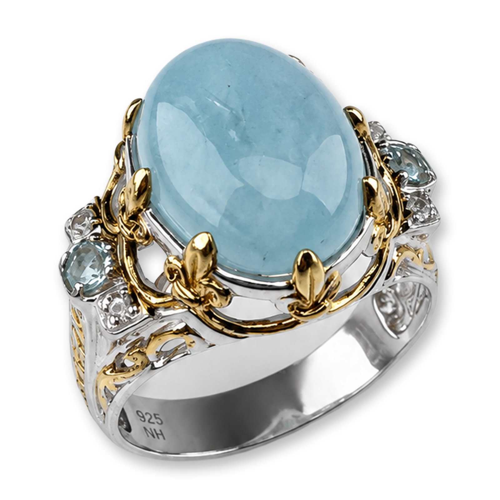 Michael Valitutti Gems en Vogue Silver and Gold-Plated Milky Aquamarine Cabochon Ring: A cocktail ring in sterling silver with gold-tone accents, designed by Michael Valitutti, featuring a large oval cabochon-cut milky aquamarine stone. The central stone is secured by stylized fleur-de-