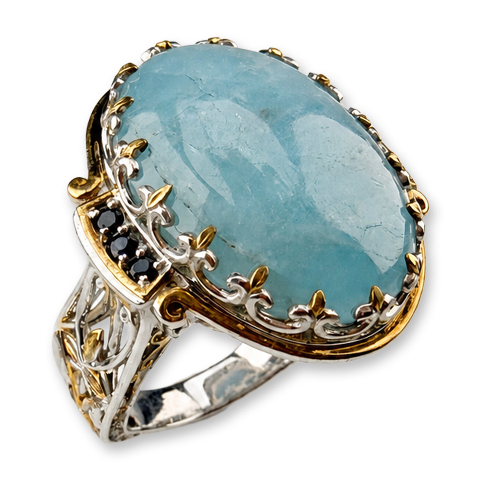 Michael Valitutti Large Two-Tone Sterling Silver Milky Aquamarine Ring: A large cocktail ring in two-tone sterling silver with gold-plated accents. The ring features a central oval-cut milky aquamarine stone with natural internal inclusions. The stone is held by gold-plat