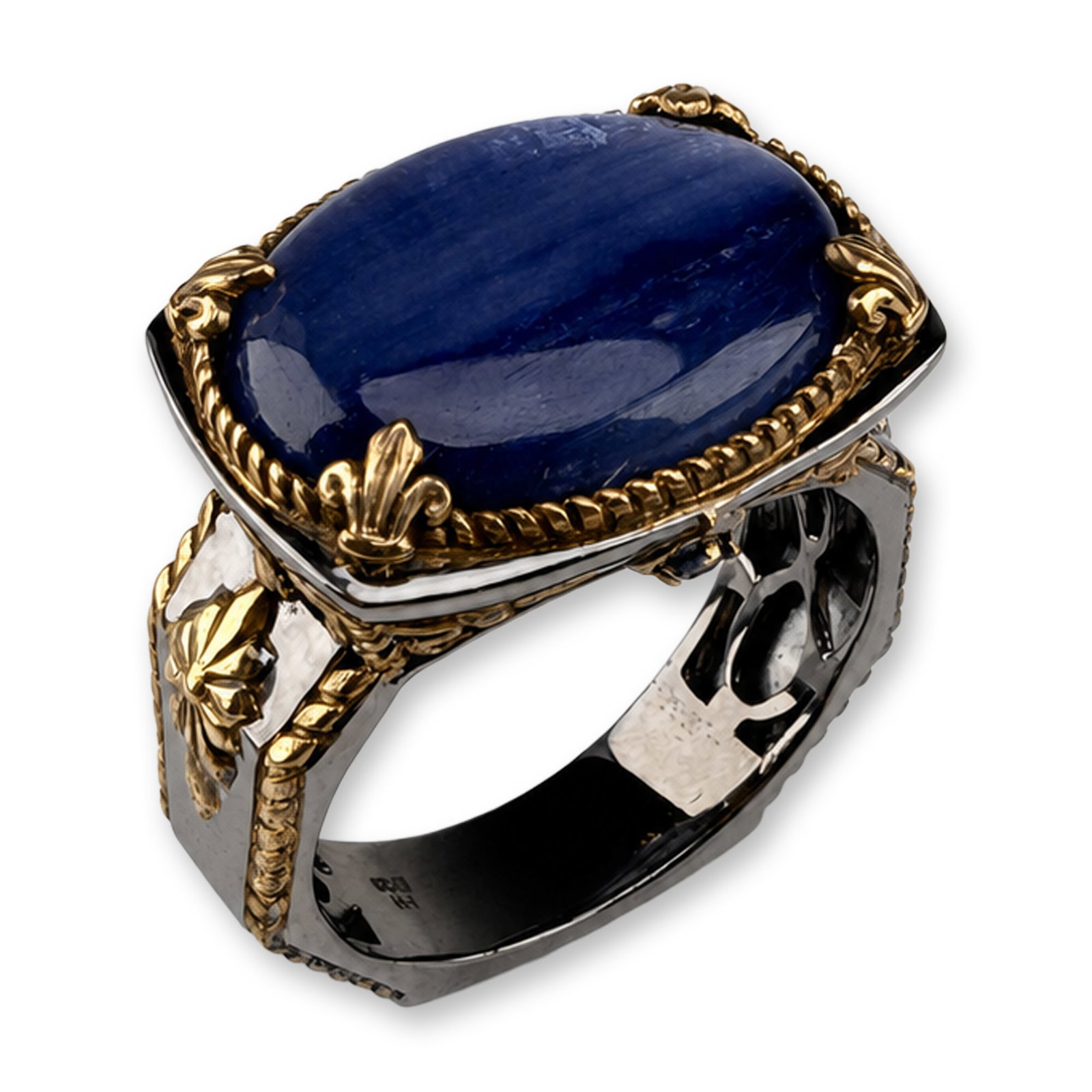 Michael Valitutti Sterling Silver Two Tone Blue Kyanite and Sapphire Cocktail Ring: Cocktail ring designed by Michael Valitutti in sterling silver with an oxidized finish and gold decorative overlays. The center features a large oval cabochon-cut kyanite stone with characteristic fib