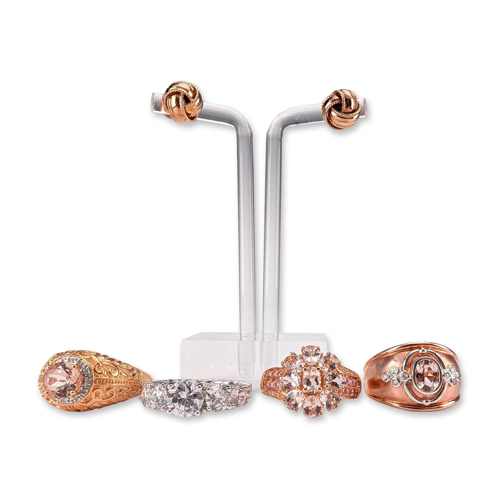 5pc Contemporary Gold-plated Rose and White-tone Jewelry Collection: Collection of fashion jewelry in gold-plated rose and white-tone metals, including four rings and a pair of stud earrings set. Featured items include a filigree band with a faceted oval stone marked C