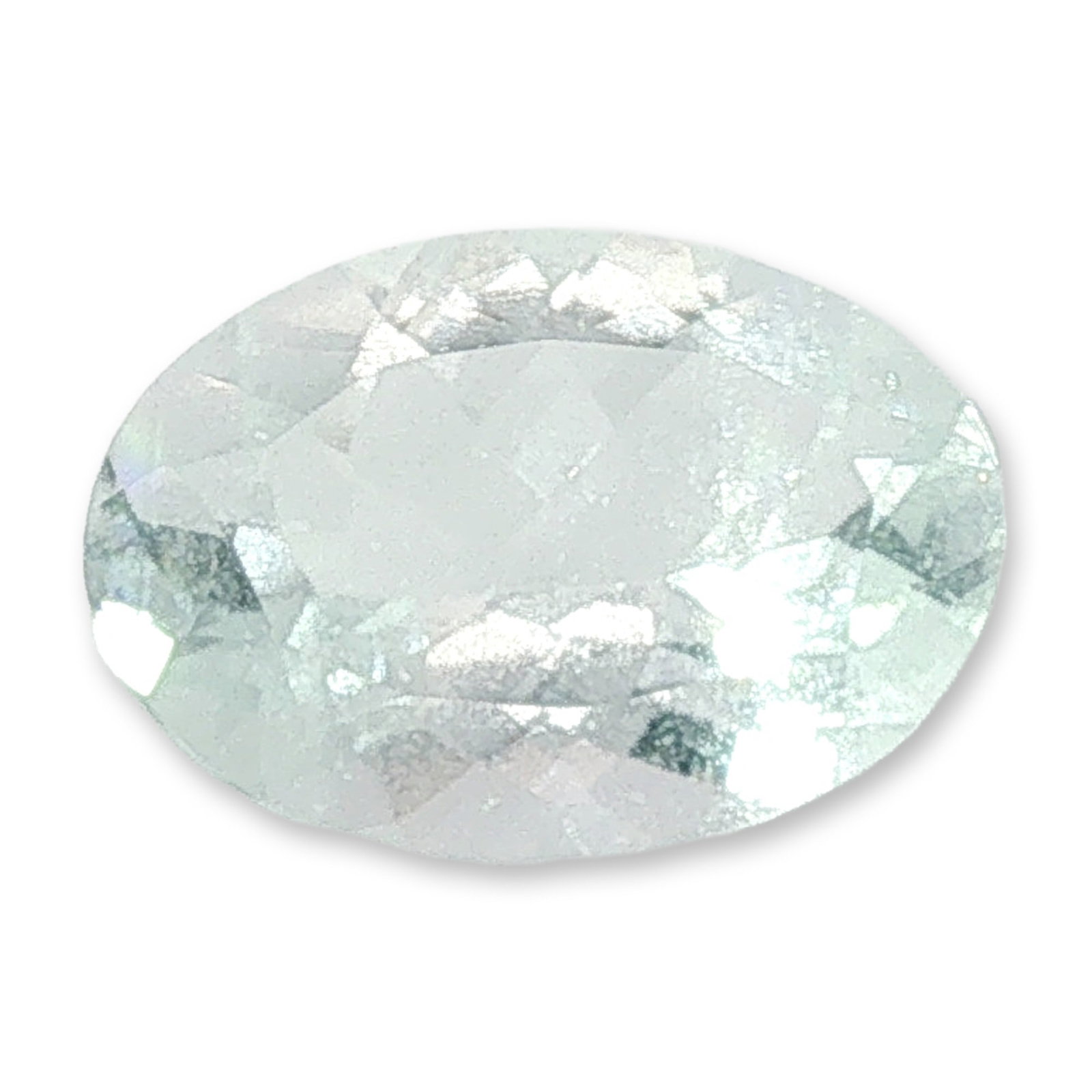 Loose Oval Cut Aquamarine Gemstone: Loose faceted gemstone appearing to be aquamarine, featuring a delicate pale blue hue and worked into a classic oval cut. The stone exhibits standard crown and pavilion faceting. Internal characterist