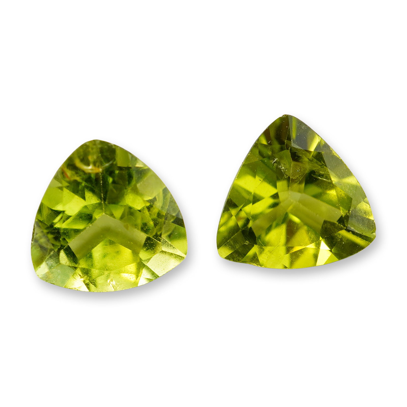 2pc Trillion Cut Peridot Gemstones: Beautiful grouping of 2 Peridot stones. A green peridot is a vibrant, August birthstone renowned for its unique single-color profile-ranging from bright lime to deep olive green.Tested with Presidium