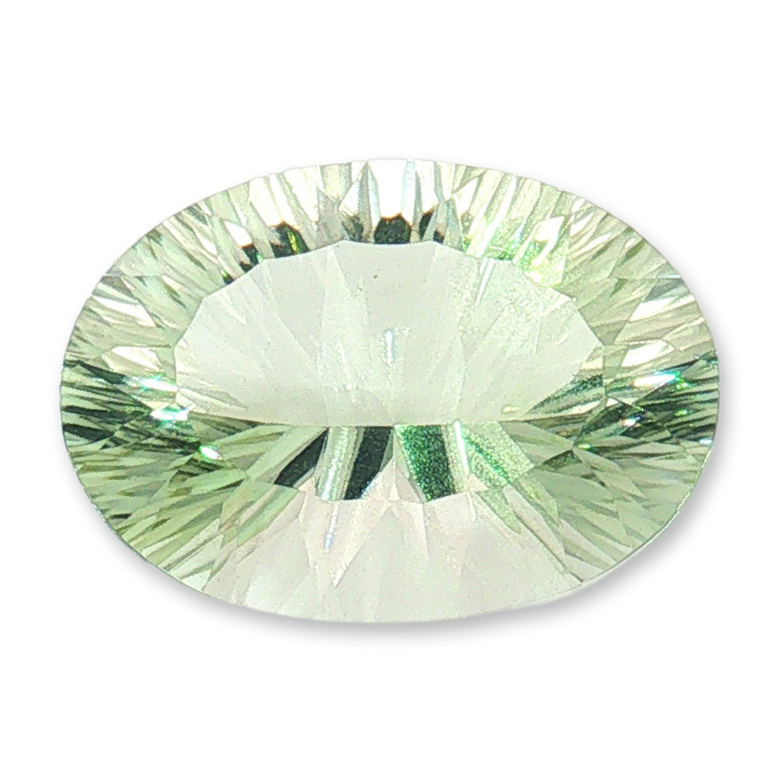 Oval Concave Cut Prasiolite Loose Gemstone: Loose Prasiolite gemstone featuring a soft mint green hue and a distinctive oval concave cut. Precision faceting on the underside creates a radiating pattern that draws the eye toward the center of