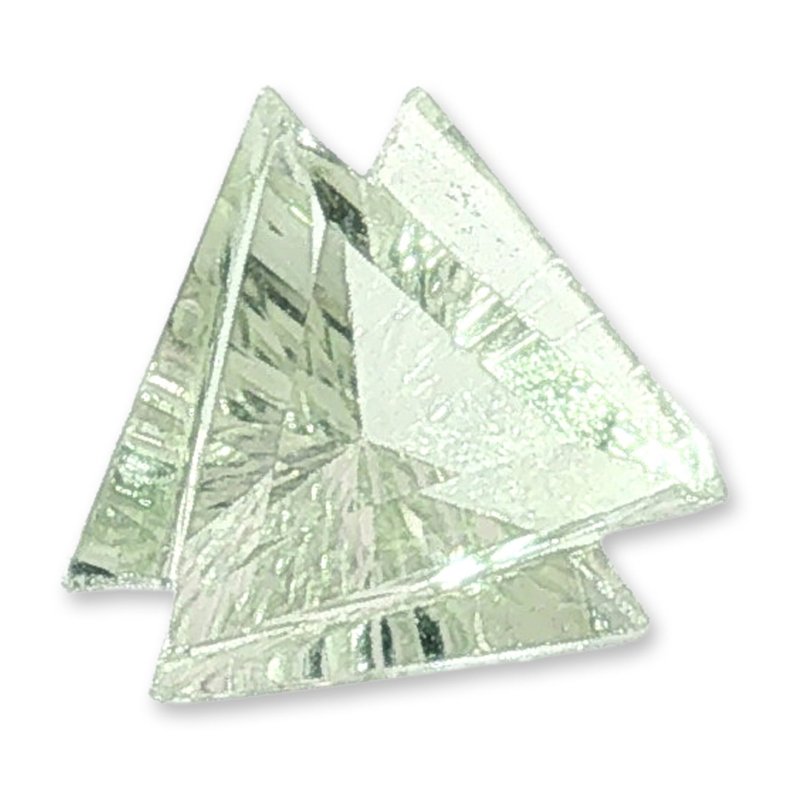 Prasiolite Custom Cut Mint Green Gemstone: Loose faceted prasiolite gemstone featuring a pale mint green color and high transparency. The stone is worked into a unique triangular shield or macle-style custom cut with a large flat table and