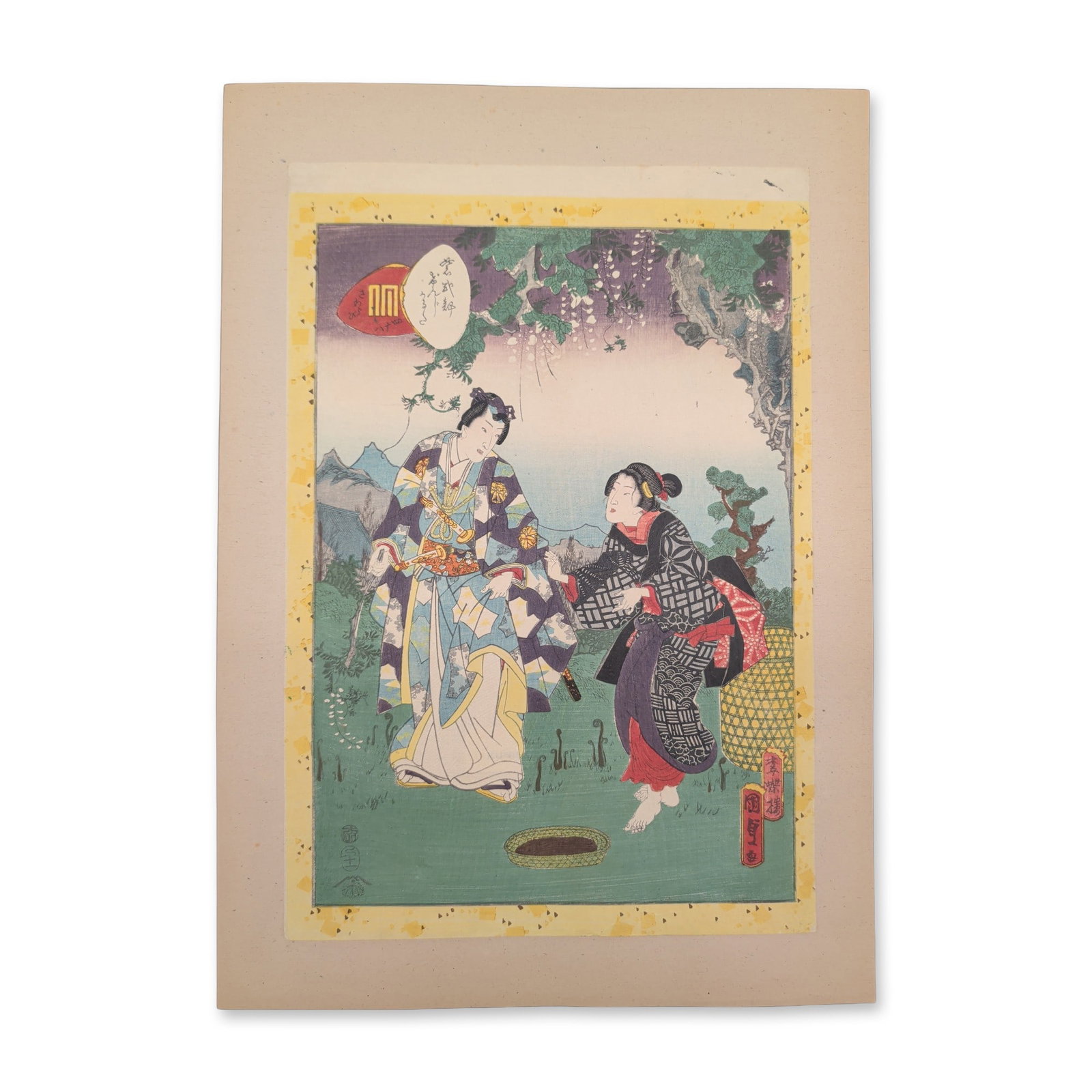 Utagawa Kunisada (Toyokuni III) (Japanese, 1786-1865) Woodcut on Paper from Tale of Genji: An original 19th-century Japanese Ukiyo-e School woodblock print on paper by Utagawa Kunisada. This fine narrative composition illustrates a scene from The Tale of Genji series, depicting the central