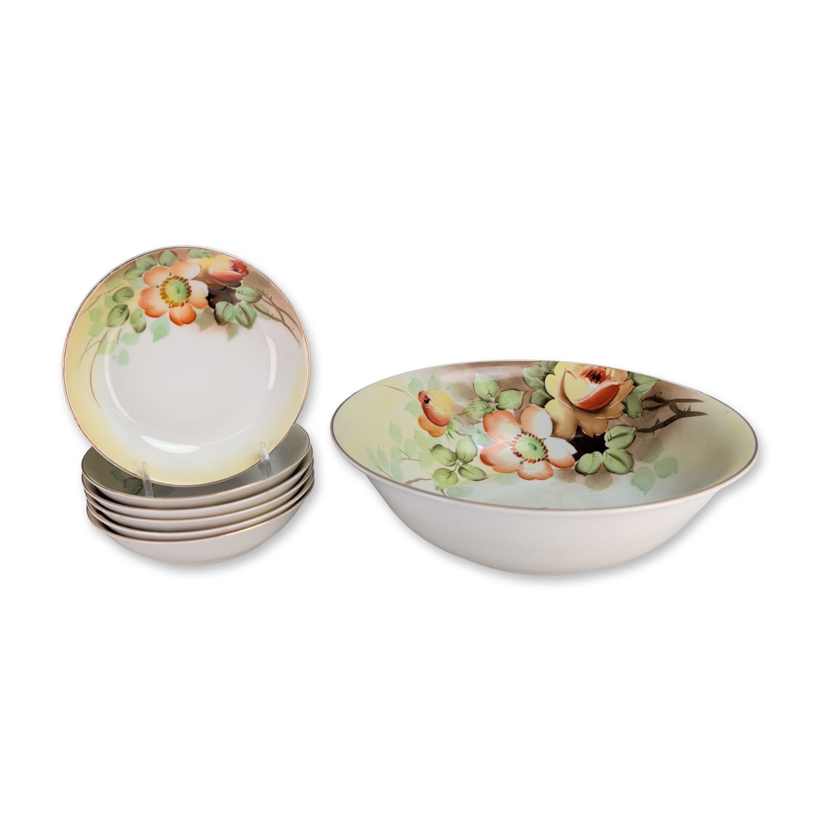 7pc Nippon Hand Painted Porcelain Serving Bowl and Berry Set: Nippon hand-painted porcelain serving bowl and berry set featuring floral motifs in apricot, yellow, and orange tones against a blended cream and pale yellow background with green foliage. Scalloped