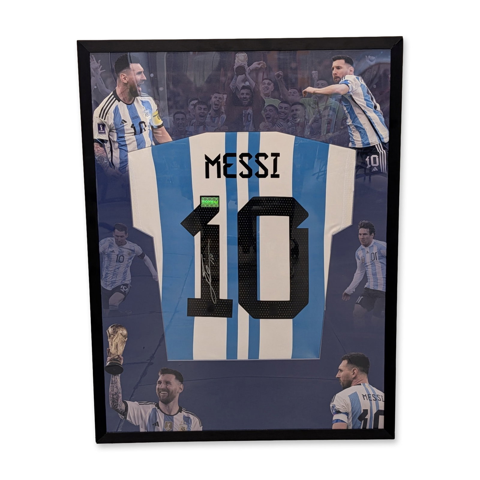 Lionel Messi Signed Argentina Home Shirt w/ COA: Argentina 2022-23 national team home jersey, featuring light blue and white vertical stripes. The reverse of the shirt displays the name MESSI and the number 10 in black perforated lettering. The item