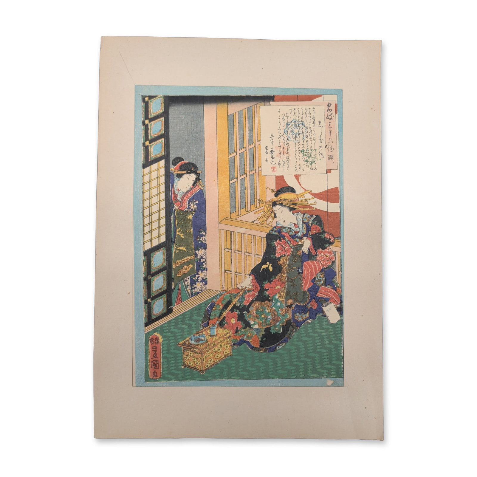 Utagawa Kunisada (Toyokuni III) (Japanese, 1786-1865) Woodcut on Paper from Tale of the Courtisan: A late Edo-period Japanese woodblock print on paper by Utagawa Kunisada (Toyokuni III) dating to the mid-19th century. The composition depicts an interior setting with two female figures dressed in de