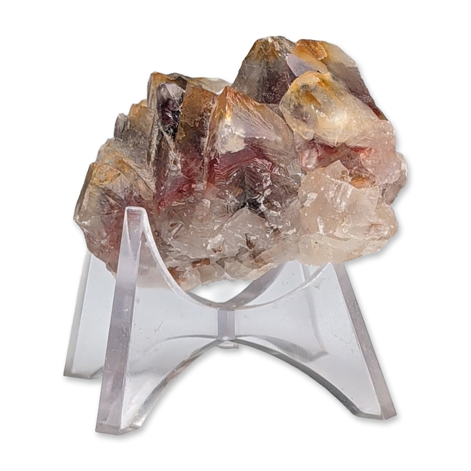 Natural Amethyst Smoky Inclusion Quartz Cluster with Display Stand: Natural quartz crystal cluster featuring distinct color zoning with clear, smoky grey, and purple amethystine regions. The specimen contains dense internal mineral inclusions observed as reddish-brown