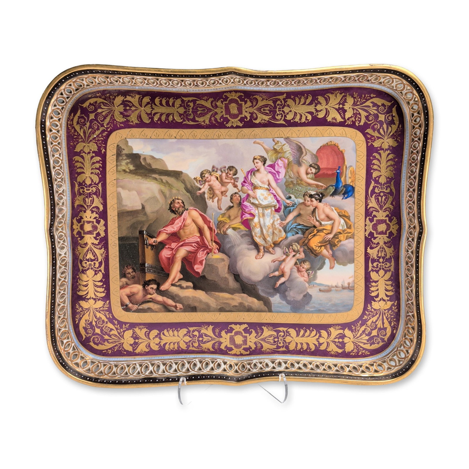 Royal Vienna Style Gilt Porcelain Reticulated Mythological Cabinet Tray: Royal Vienna style porcelain rectangular cabinet tray featuring a scalloped and reticulated rim. The center is decorated with a polychrome hand-painted mythological scene depicting Juno and Aeolus, go