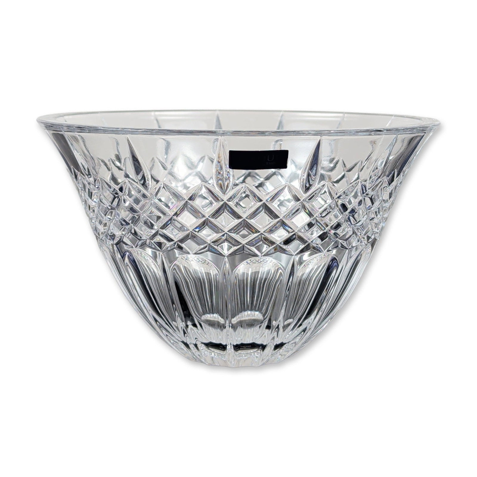 Marquis by Waterford Shelton Cut Crystal Bowl: Marquis by Waterford cut crystal bowl in the Shelton pattern, featuring a flared form with a design consisting of vertical wedge cuts at the base, a horizontal diamond lattice band, and fan cuts at th
