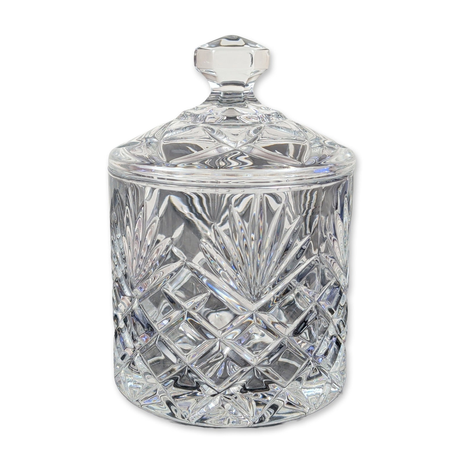 Marquis by Waterford Crystal Lidded Biscuit Barrel: Marquis by Waterford. Lidded crystal biscuit barrel or candy jar in a cylindrical form. The body features alternating decorative panels of deep vertical fan cuts and cross-hatched diamond cutting. The