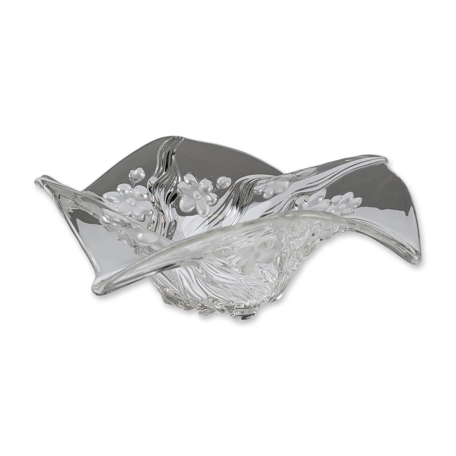 Floral Clear and Frosted Glass Centerpiece Bowl: Late 20th-century centerpiece bowl in clear and frosted glass, featuring a wide flared body with a six-lobed undulated rim. The exterior is decorated with raised swirling lines flowing from the rim to