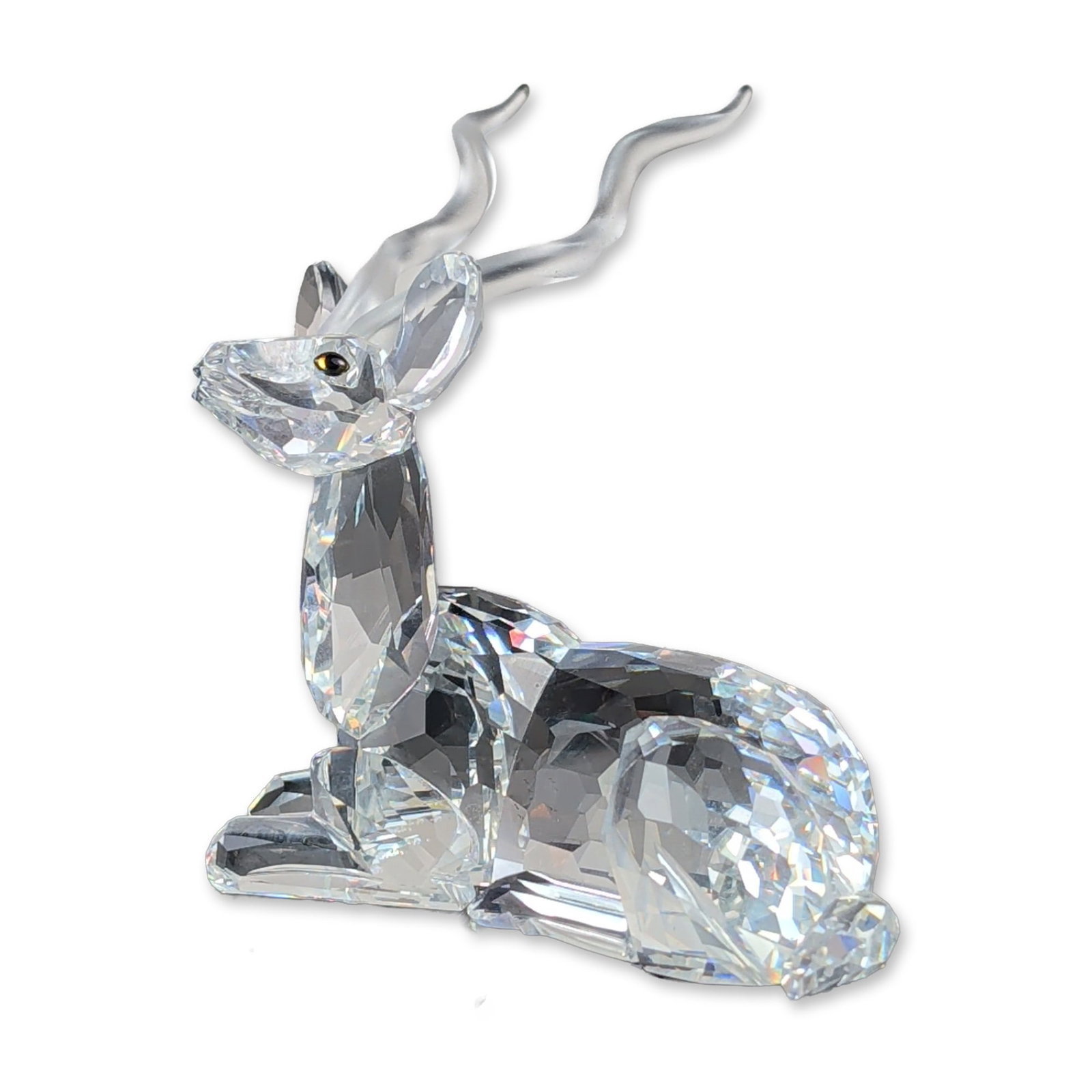 Swarovski SCS Crystal Kudu Figurine: Swarovski Crystal Society Annual Edition 1994, titled The Kudu, from the Inspiration Africa series. Figurine in faceted clear lead crystal featuring frosted crystal spiral horns and small inset Moroda