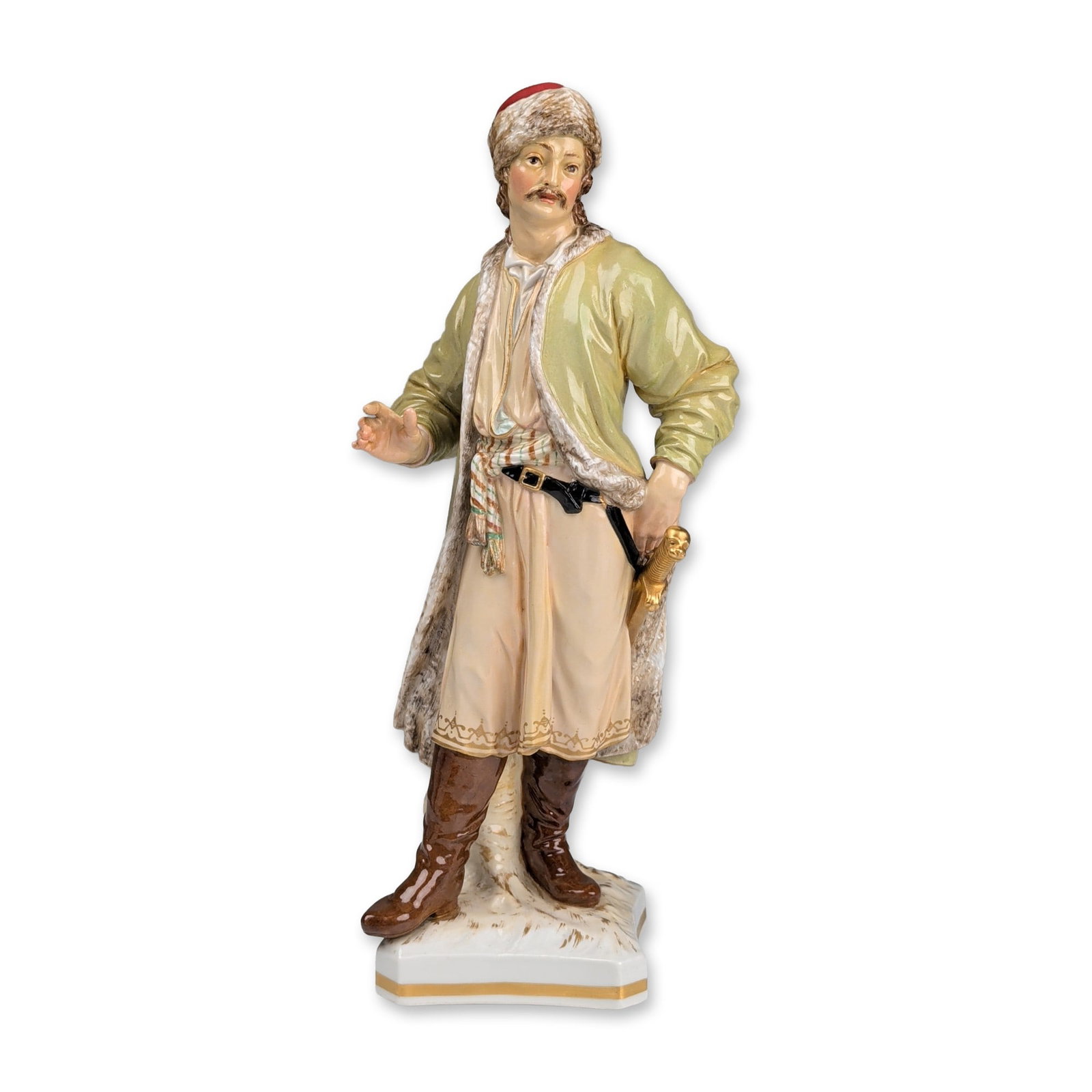 KPM Berlin Porcelain Russian Nobleman Figurine: KPM Berlin hand-painted porcelain figurine of a man in traditional Russian costume, often referred to as People of Russia. The figure is modeled wearing a pale green fur-lined shuba over a cream-color