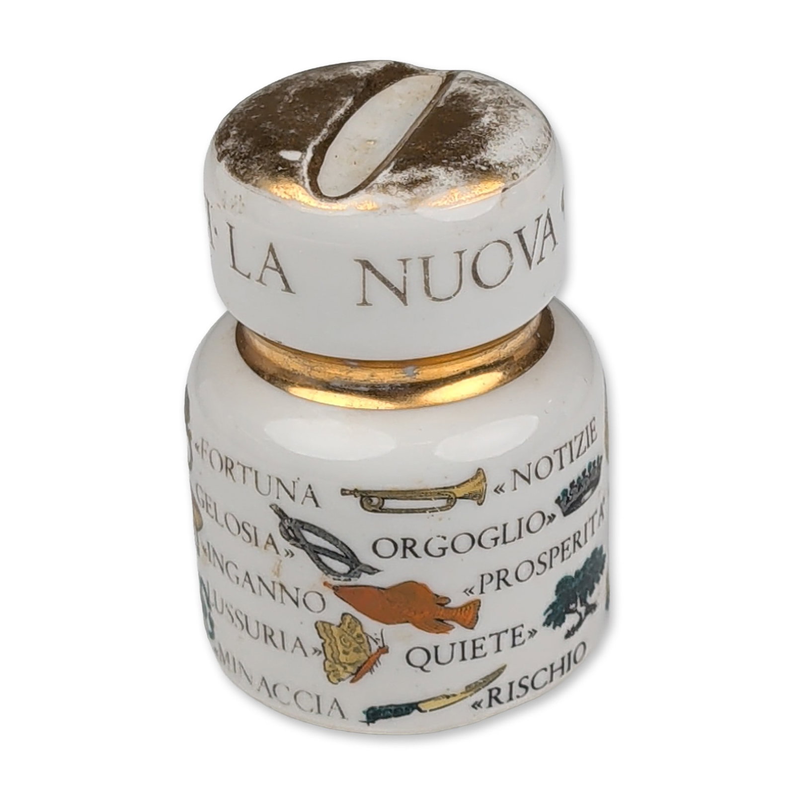 Italian Porcelain Insulator Form Dream Interpretation Paperweight: Italian glazed white porcelain paperweight designed in the form of an industrial insulator, dating to the mid-20th century. The piece features a tiered cylindrical body decorated with polychrome trans