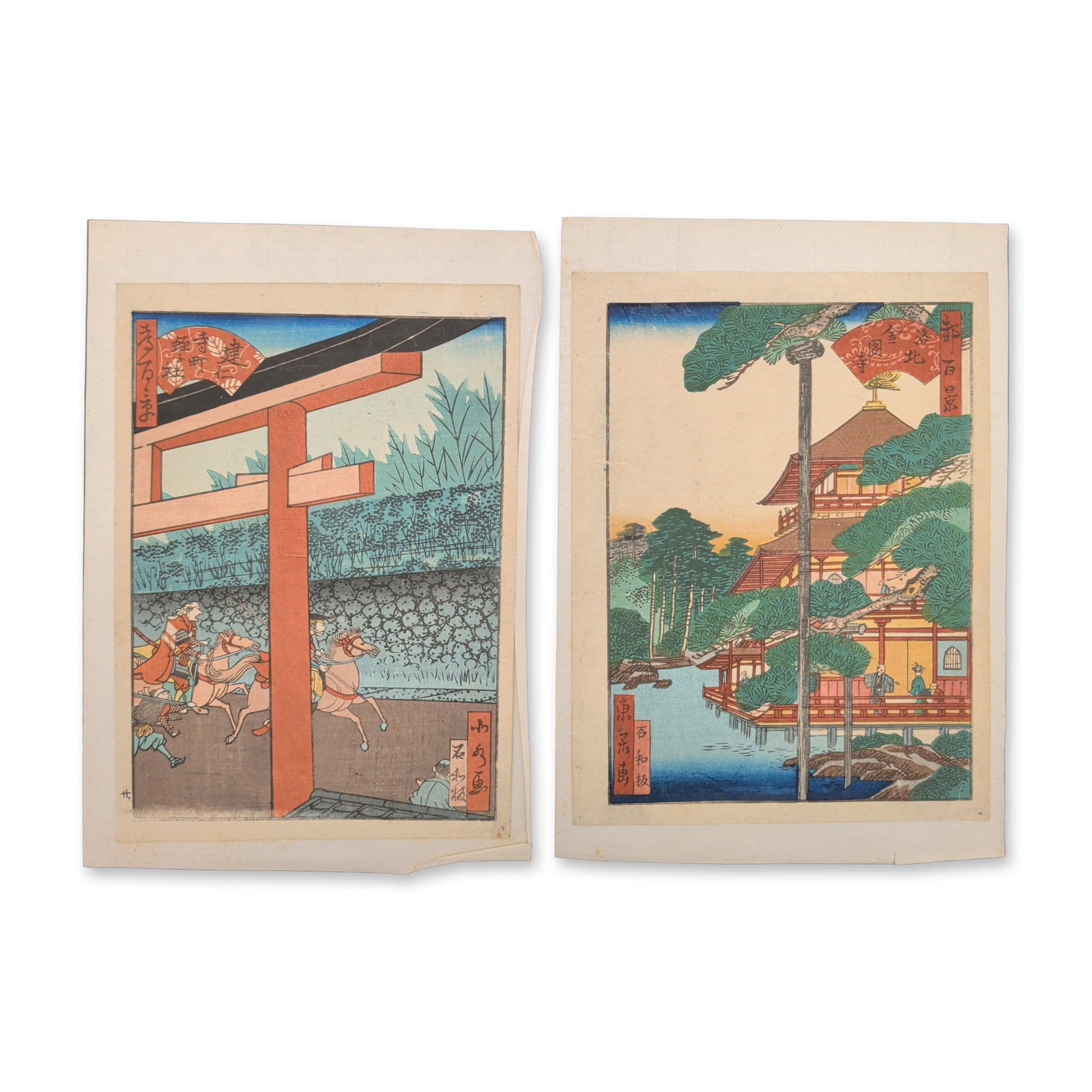 2pc Japanese Woodblocks on Paper: Two Japanese woodblock prints on paper. One print depicts the Golden Pavilion in Kyoto and the second print illustrates the Kameido Tenjin Shrine in Edo with equestrian figures near a red torii gate. 