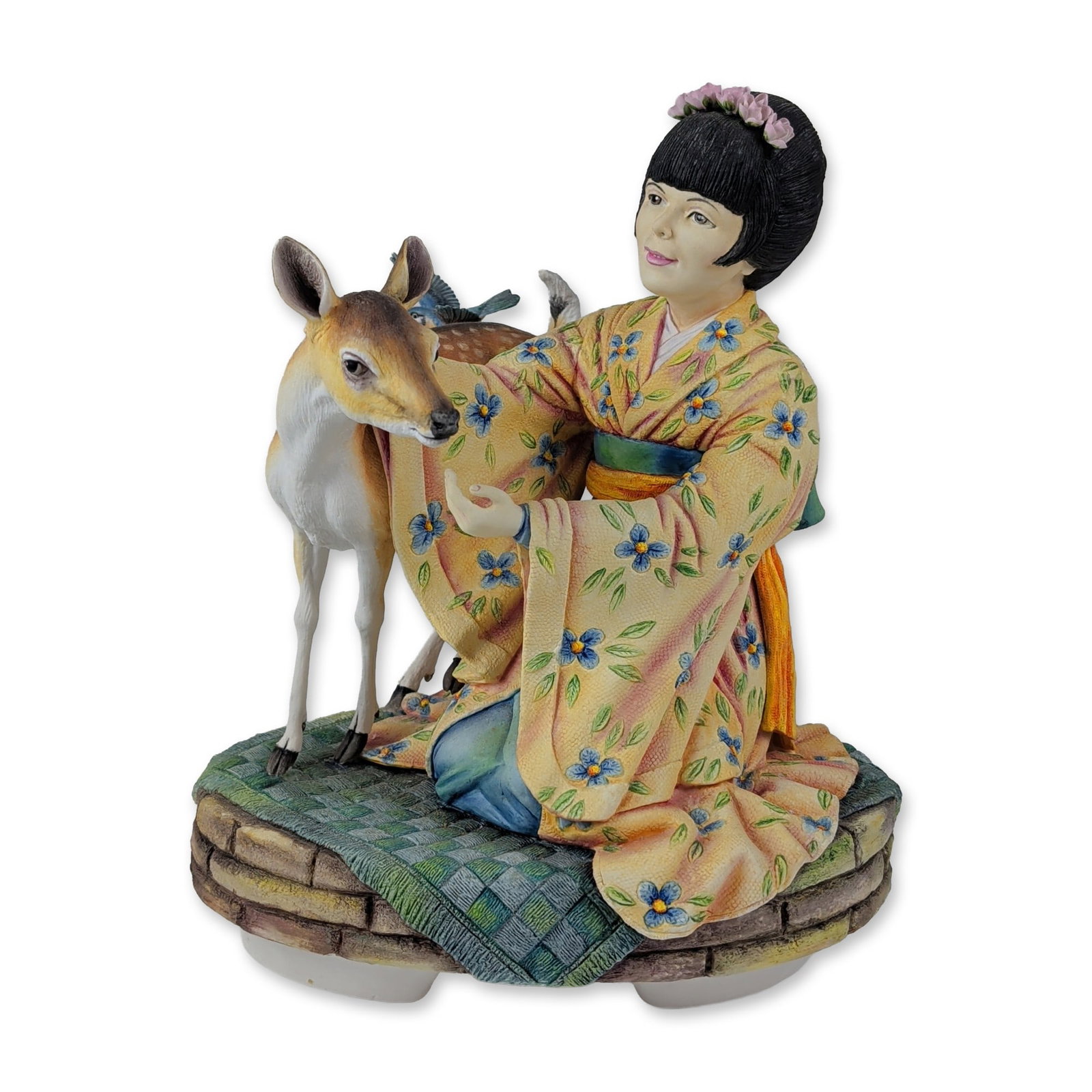 Limited Edition Connoisseur of Malvern Bone China Figurine, Happiness: A Connoisseur of Malvern English fine bone china figurine titled Happiness, designed by artist Richard J. Sefton. The hand-painted sculpture depicts a seated woman in a yellow kimono with blue floral 