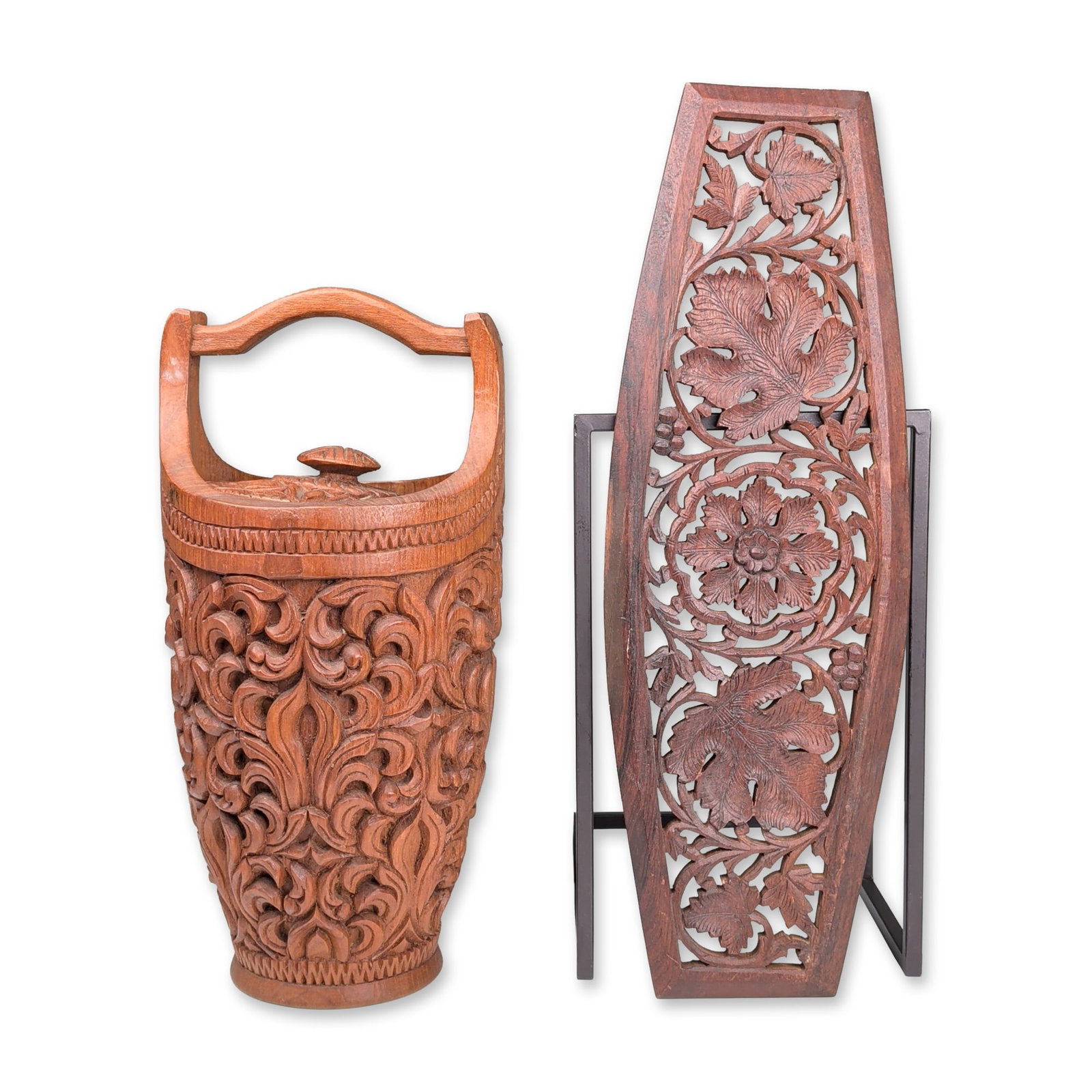2pc Indian Hand-Carved Wood Panel and Bucket: Indian hand-carved wooden decorative group consisting of a panel and a lidded vessel. The pierced wood panel features vine leaves, grapes, and a central floral rosette, mounted on a minimalist black m
