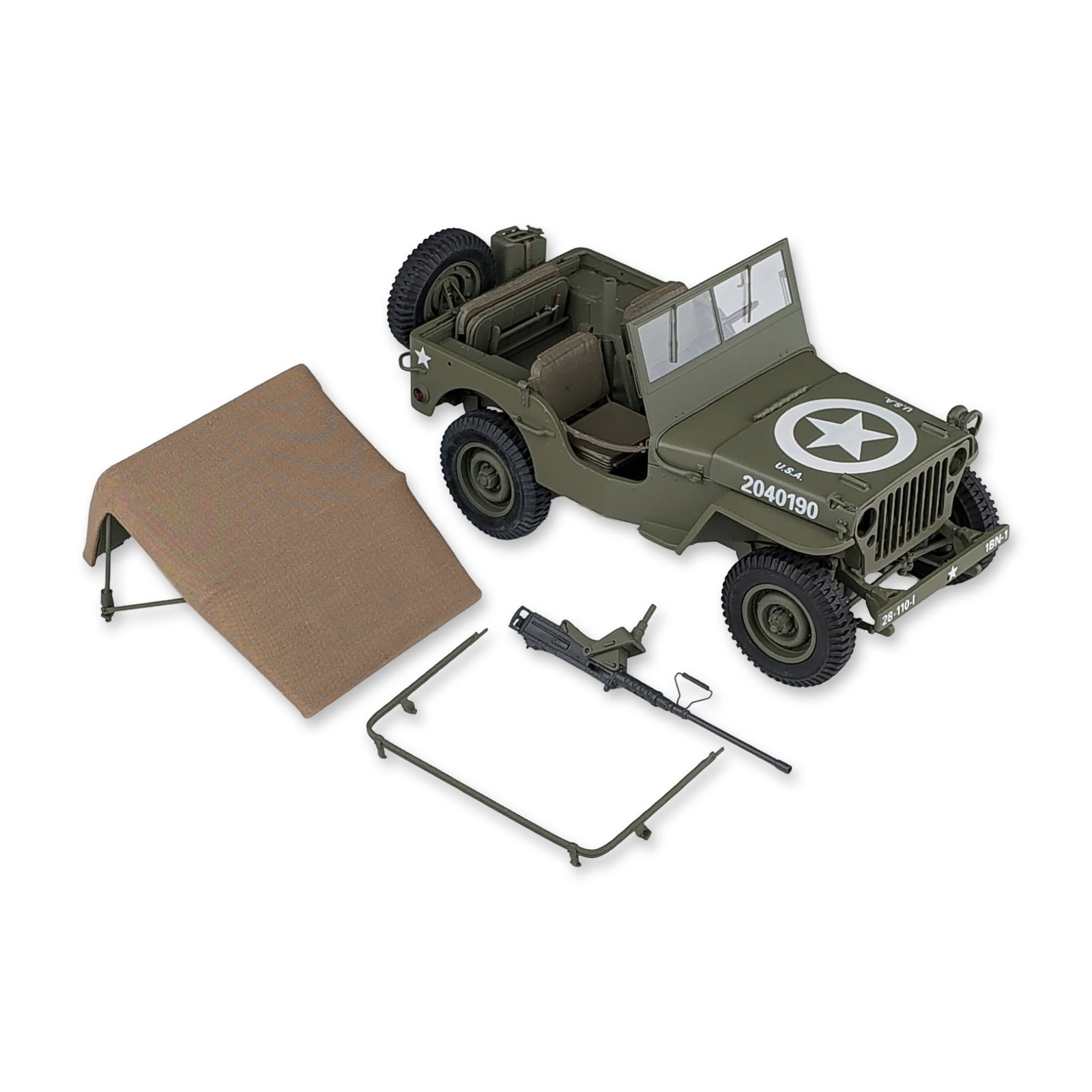 The Danbury Mint World War II Jeep Replica: The Danbury Mint World War II Jeep replica in die-cast metal and plastic, featuring an olive drab finish with authentic U.S. Army markings. The hood displays a white star in a circle, U.S.A., and seri