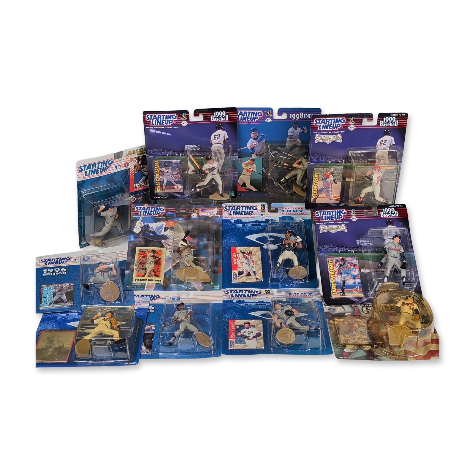 12pc Kenner & Hasbro Starting Lineup MLB Action Figures: Collection of Kenner Starting Lineup Major League Baseball action figures from the mid-to-late 1990s and 2000. Each figure is housed in its original factory packaging, comprising plastic blister packs
