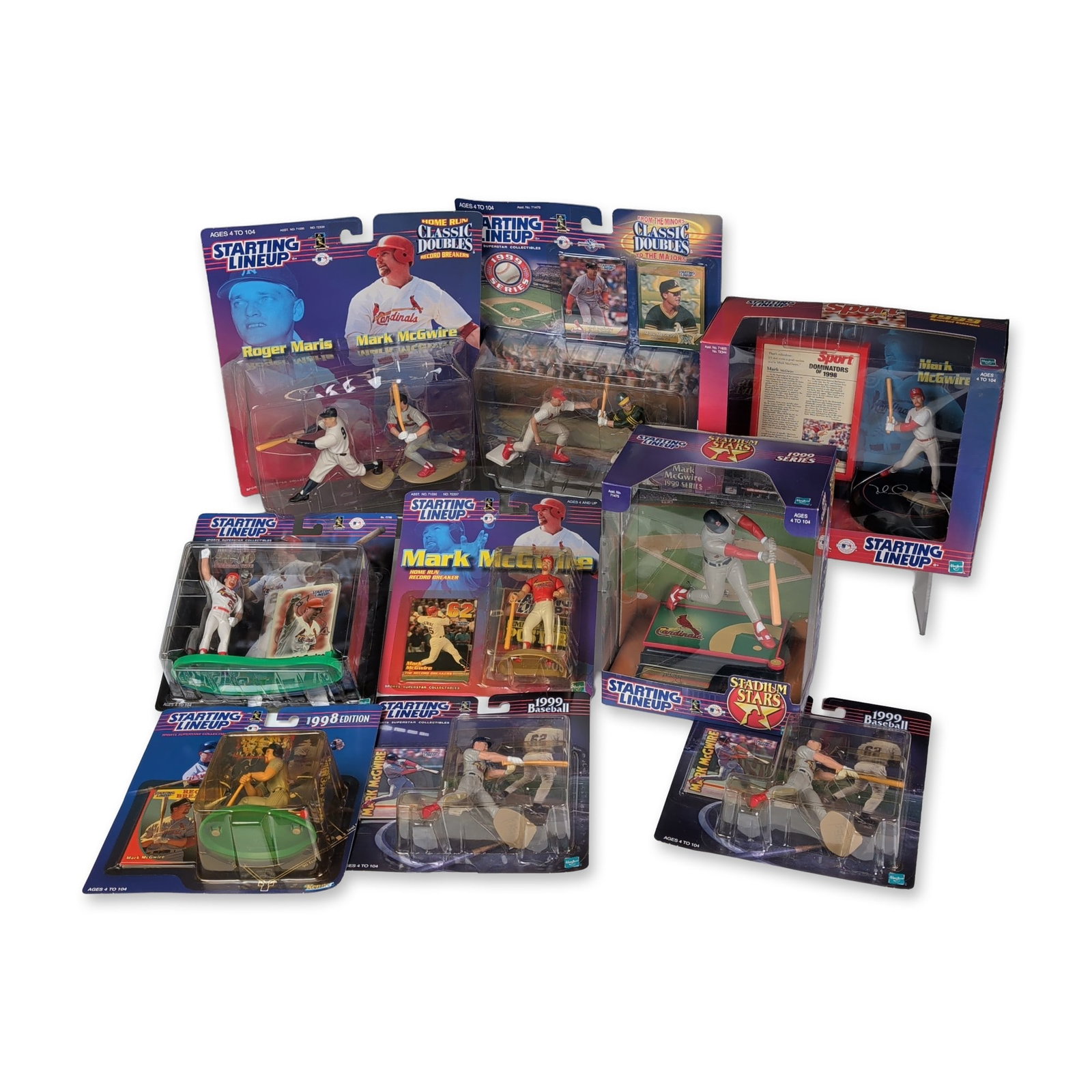 9pc Kenner & Hasbro Starting Lineup Figures: A collection of nine Kenner and Hasbro Starting Lineup baseball action figures, primarily featuring Mark McGwire during his tenure with the St. Louis Cardinals and Oakland Athletics. The group include