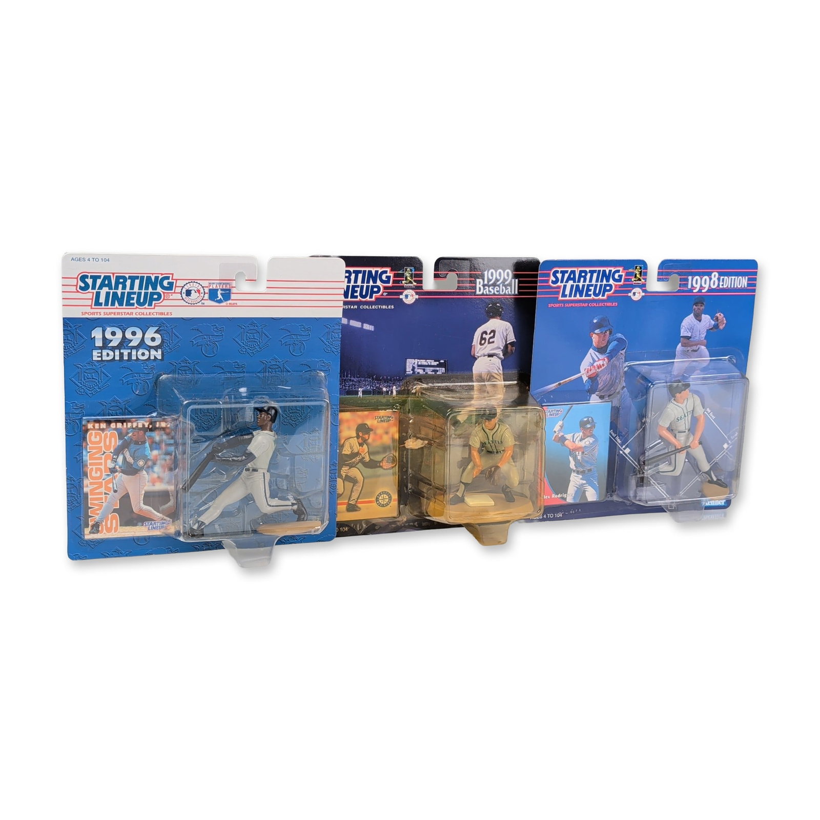 3pc Kenner Starting Lineup Seattle Mariners Baseball Figures: Kenner Starting Lineup Major League Baseball action figures featuring Seattle Mariners players from the late 1990s. The collection includes a 1996 Edition Ken Griffey, Jr. in a batting pose, a 1998 Ed
