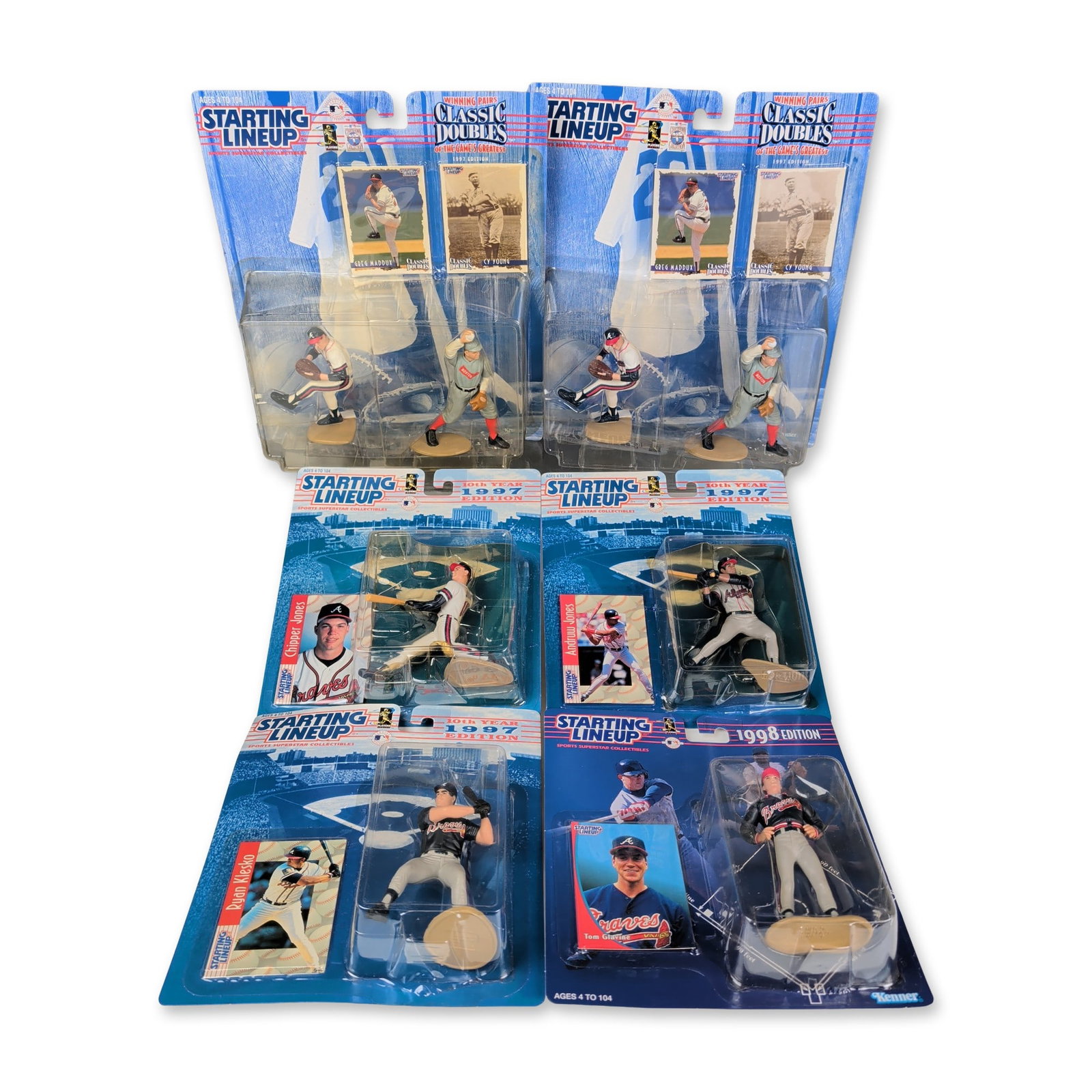 6pc Kenner Starting Lineup Baseball Action Figures: Collection of six Kenner Starting Lineup MLB baseball action figures, including two 1997 Classic Doubles sets and four single-figure editions from 1997 and 1998. The group features Hall of Famers and 