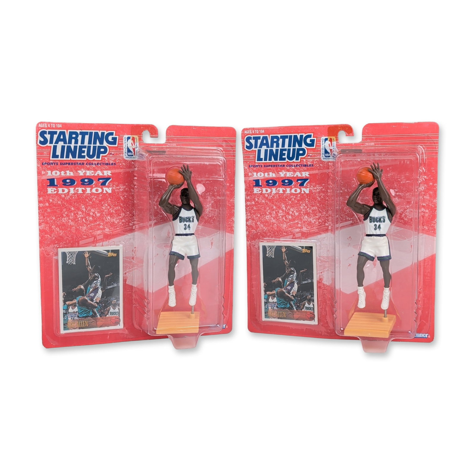 2pc 1997 Kenner Starting Lineup Ray Allen Figures: A pair of 1997 Kenner Starting Lineup sports action figures featuring Ray Allen of the Milwaukee Bucks. Part of the 10th Year 1997 Edition series, each figure is depicted in a white home jersey, numbe