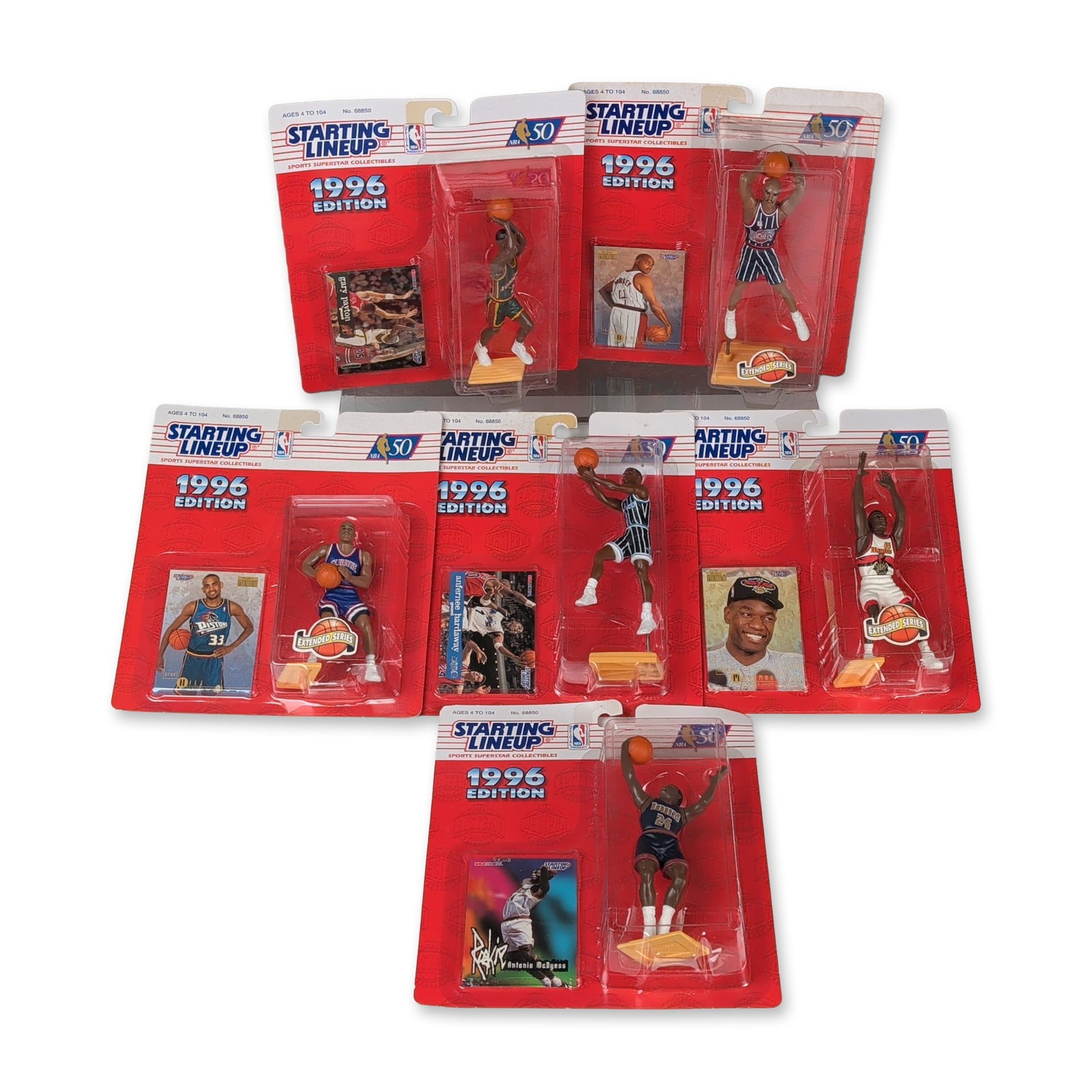 6pc Kenner 1996 NBA Starting Lineup Figures: Group of six Kenner Starting Lineup NBA action figures from the 1996 Edition. The collection includes Gary Payton (Seattle SuperSonics), Charles Barkley (Phoenix Suns), Grant Hill (Detroit Pistons), A