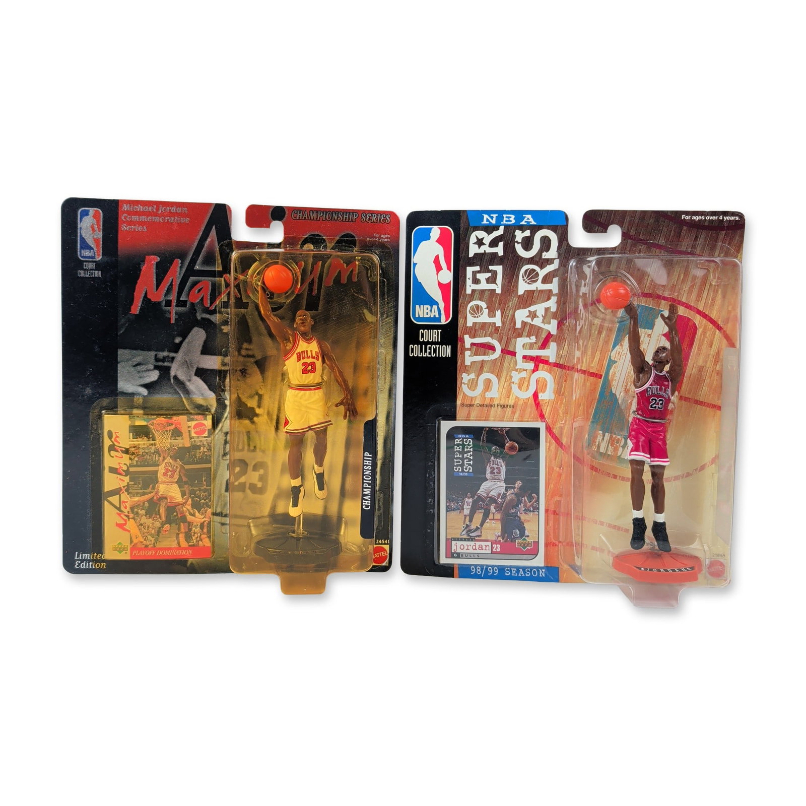 2pc Mattel Michael Jordan NBA Action Figures: This pair of vintage Mattel sports action figures features Hall of Fame basketball player Michael Jordan in original factory-sealed blister packaging. The first piece from the NBA Super Stars Court Co