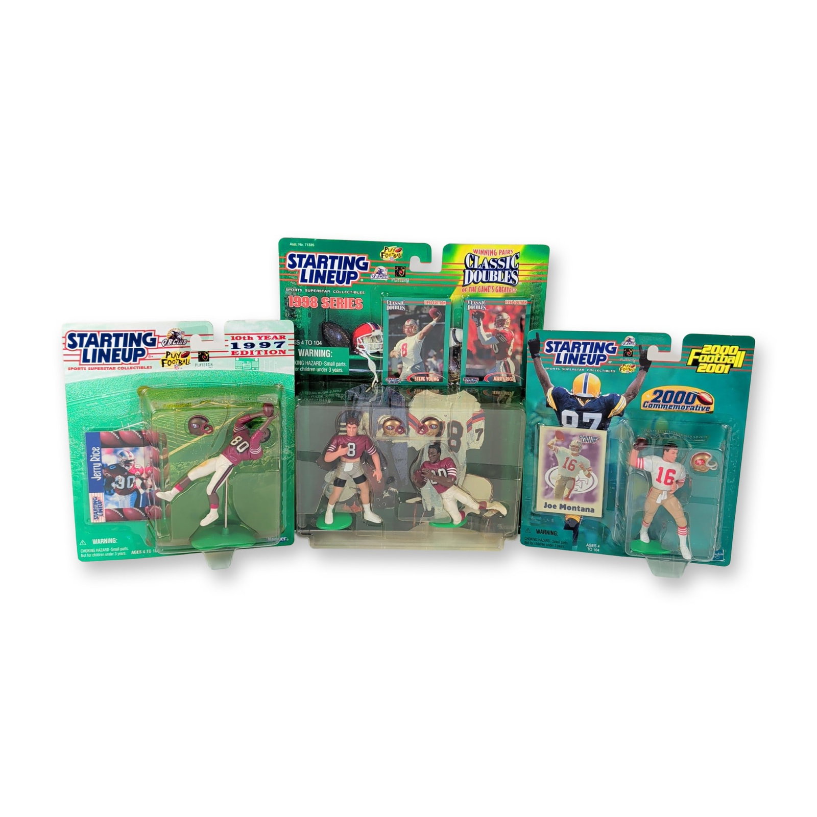 3pc Kenner Starting Lineup SF 49ers Figure Trio: This collection of vintage Kenner and Hasbro Starting Lineup sports action figures features Hall of Fame players from the San Francisco 49ers franchise in original factory-sealed packaging. The pieces